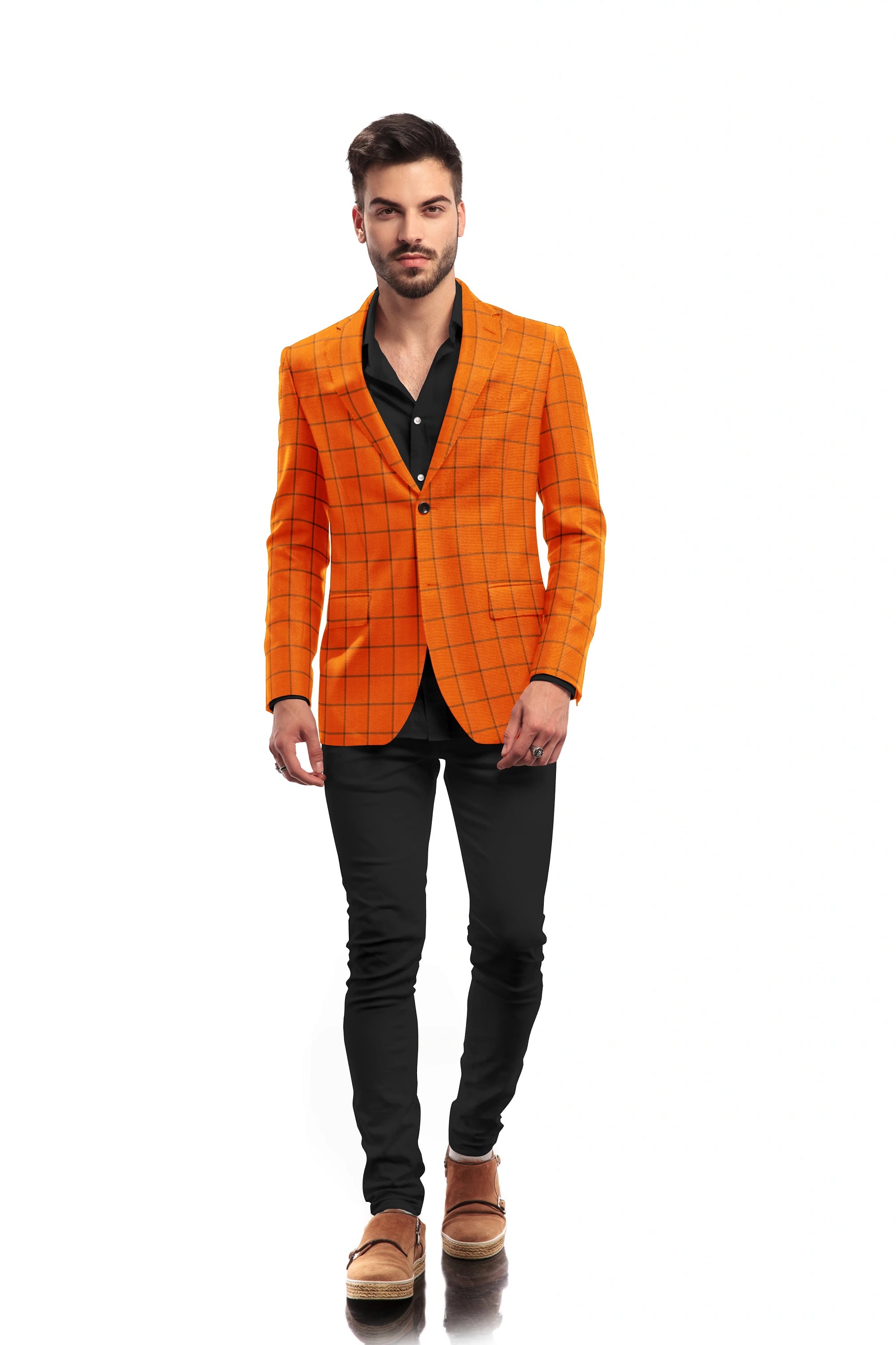 Orange Men's Two Button Dress Party Checks Print Suit Jacket Notched Lapel Slim Fit Stylish Blazer