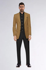 Beige Men's Two Button Dress Party Checks Print Suit Jacket Notched Lapel Slim Fit Stylish Blazer