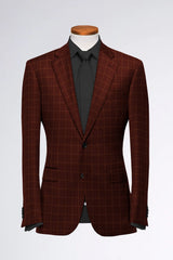 Burgundy Men's Two Button Dress Party Checks Print Suit Jacket Notched Lapel Slim Fit Stylish Blazer