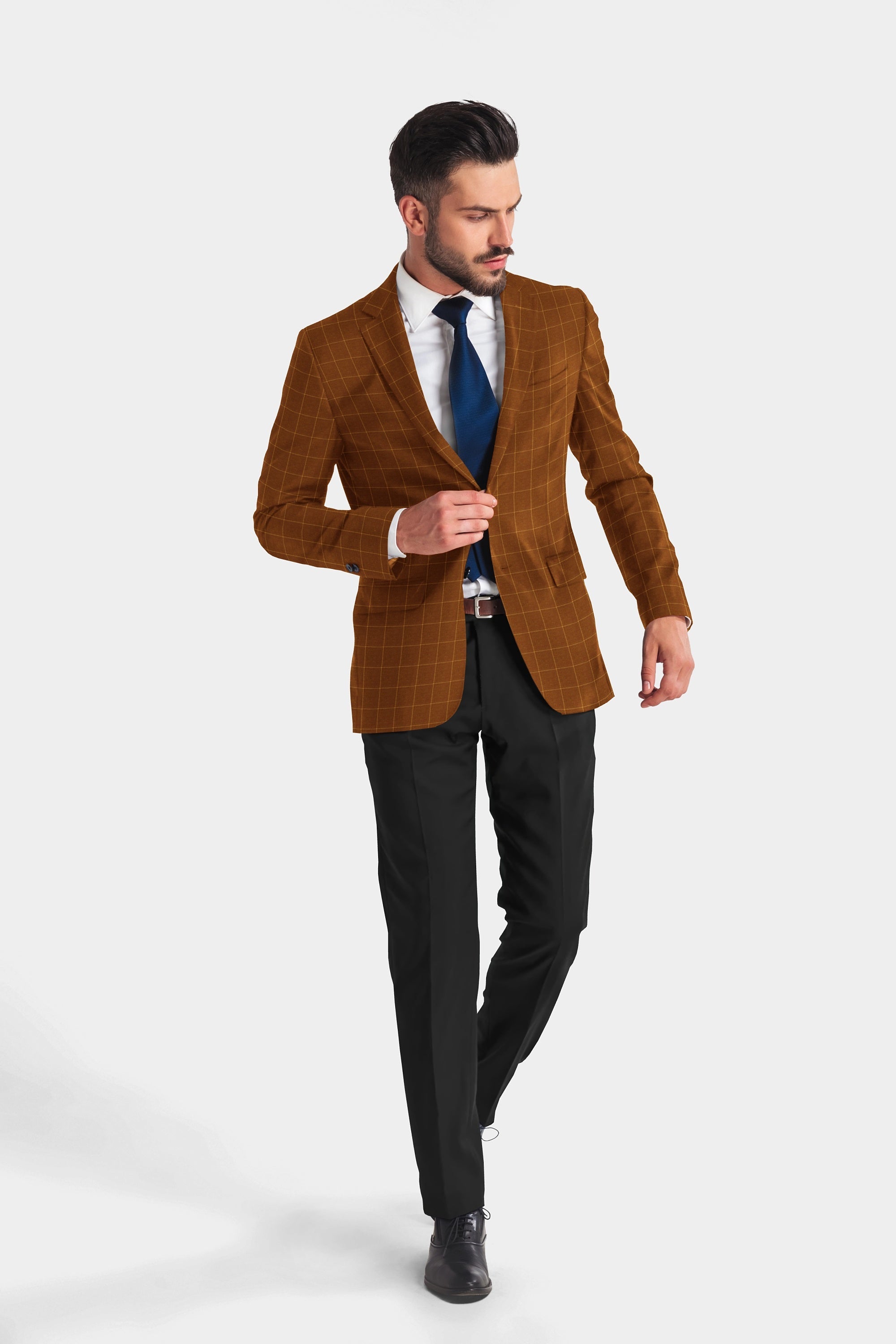 Brown Men's Two Button Dress Party Checks Print Suit Jacket Notched Lapel Slim Fit Stylish Blazer