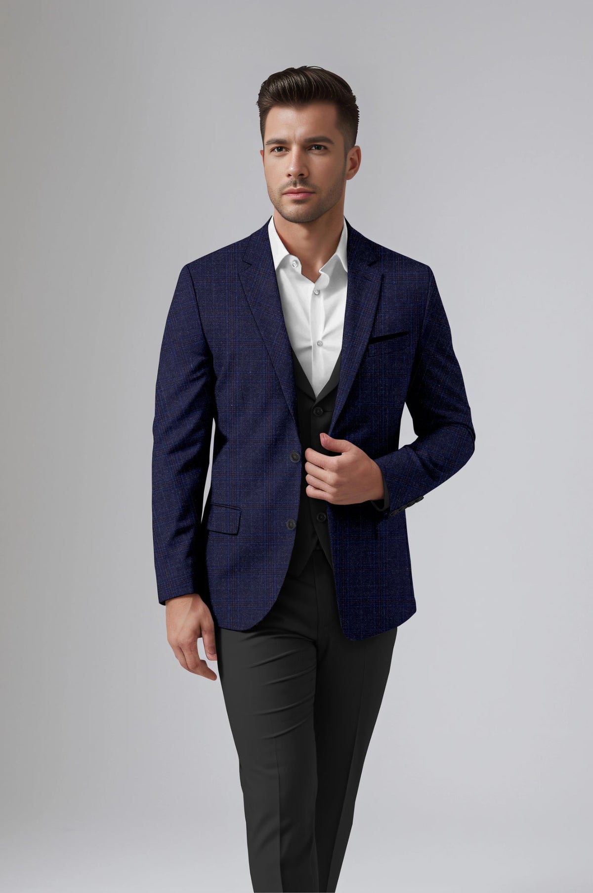 Veste de costume à carreaux bleu foncé pour homme, blazer slim fit