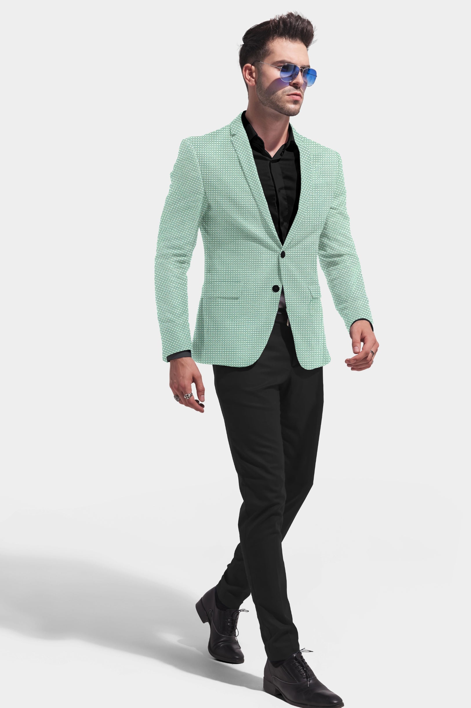 Turquoise Green Men's Party Checkered Suit Jacket Slim Fit Blazer