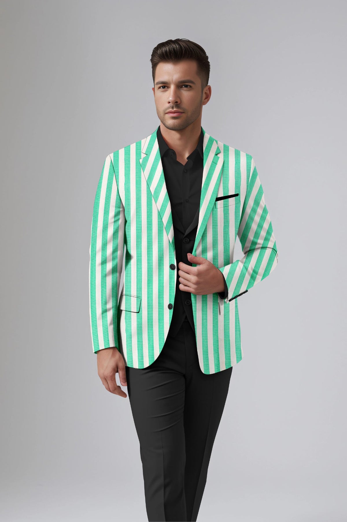 Green White Men's Party Stripe Suit Jacket Slim Fit Blazer