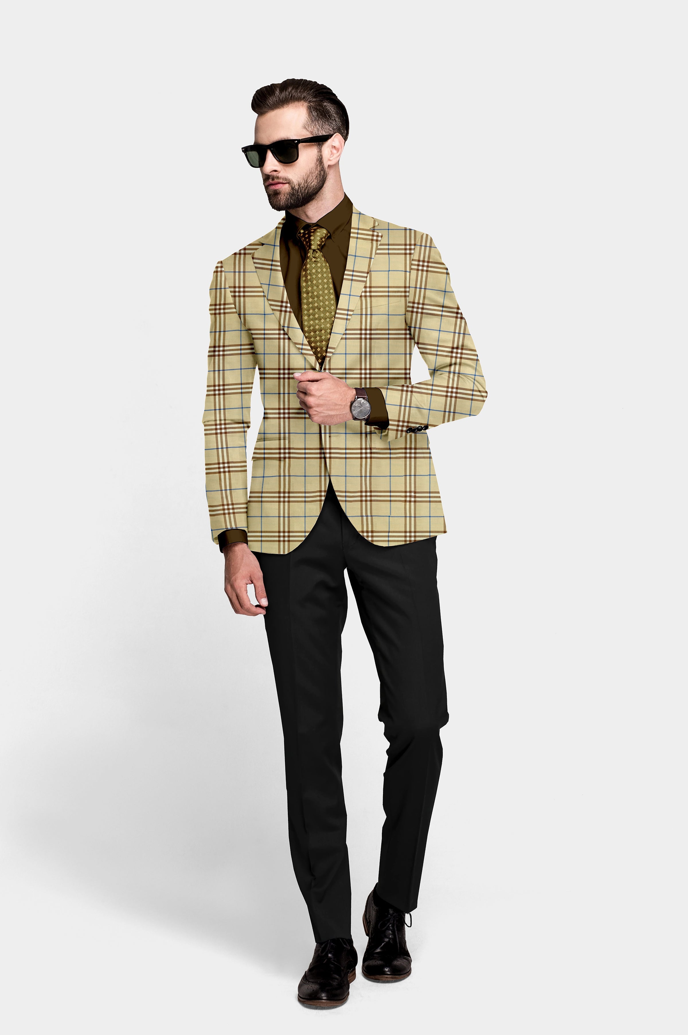 Beige Brown Men's Party Checkered Suit Jacket Slim Fit Blazer