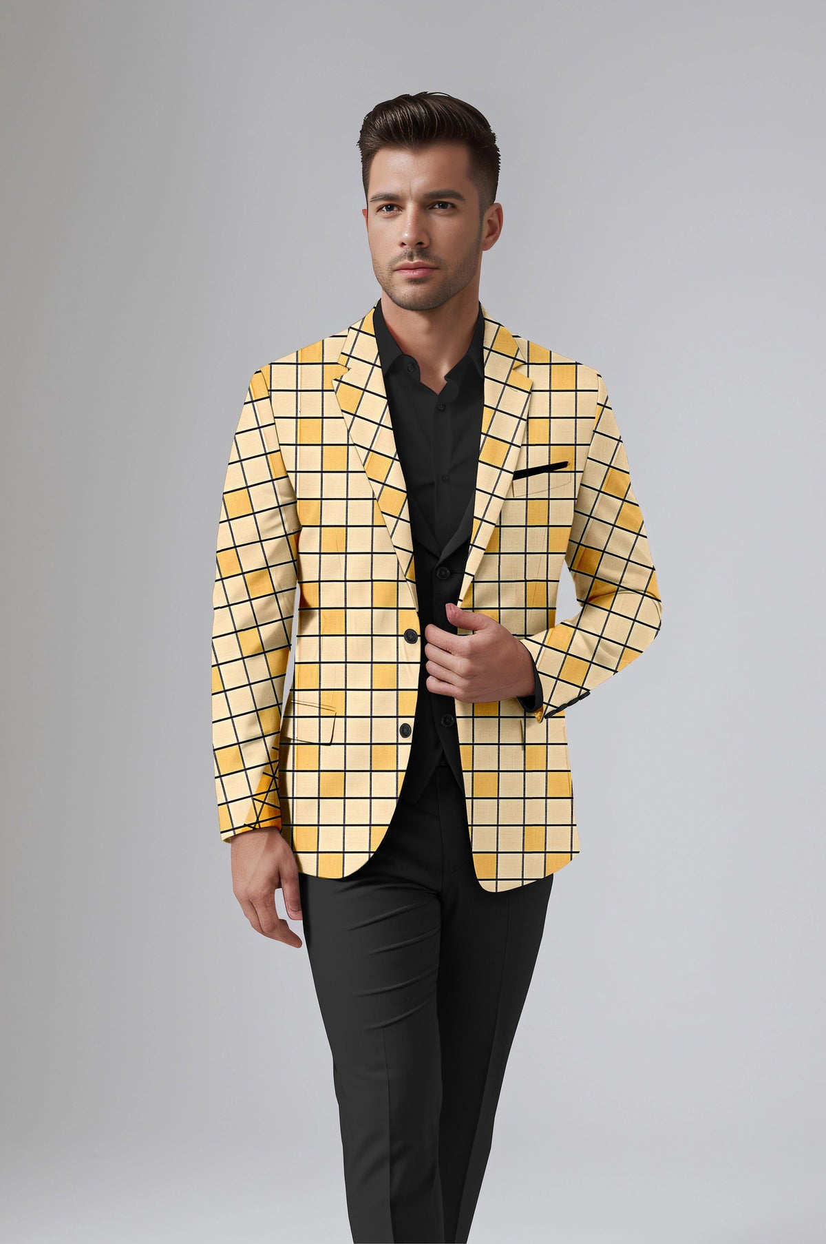 Orange Yellow Men's Party Checkered Suit Jacket Slim Fit Blazer