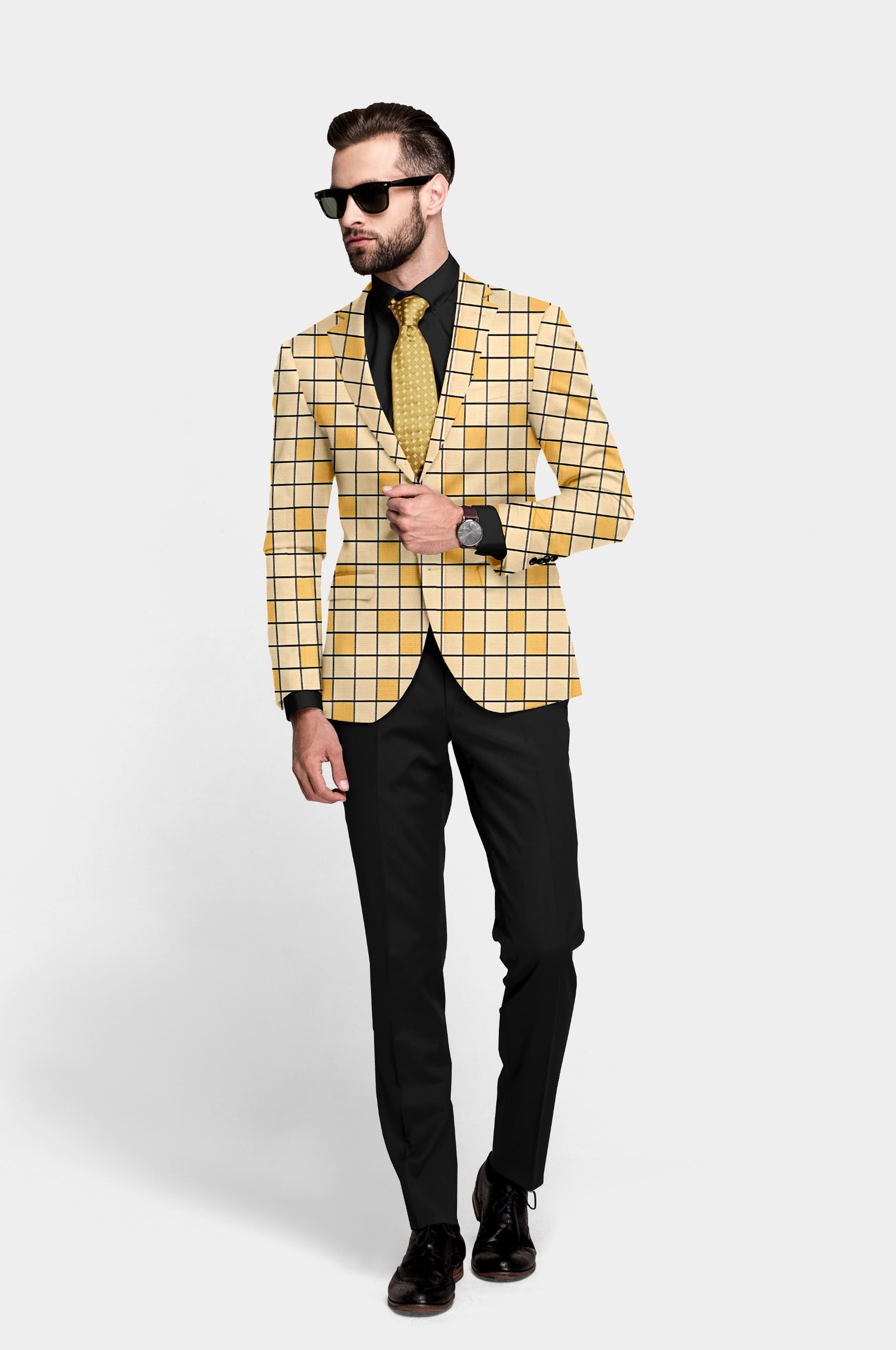 Orange Yellow Men's Party Checkered Suit Jacket Slim Fit Blazer