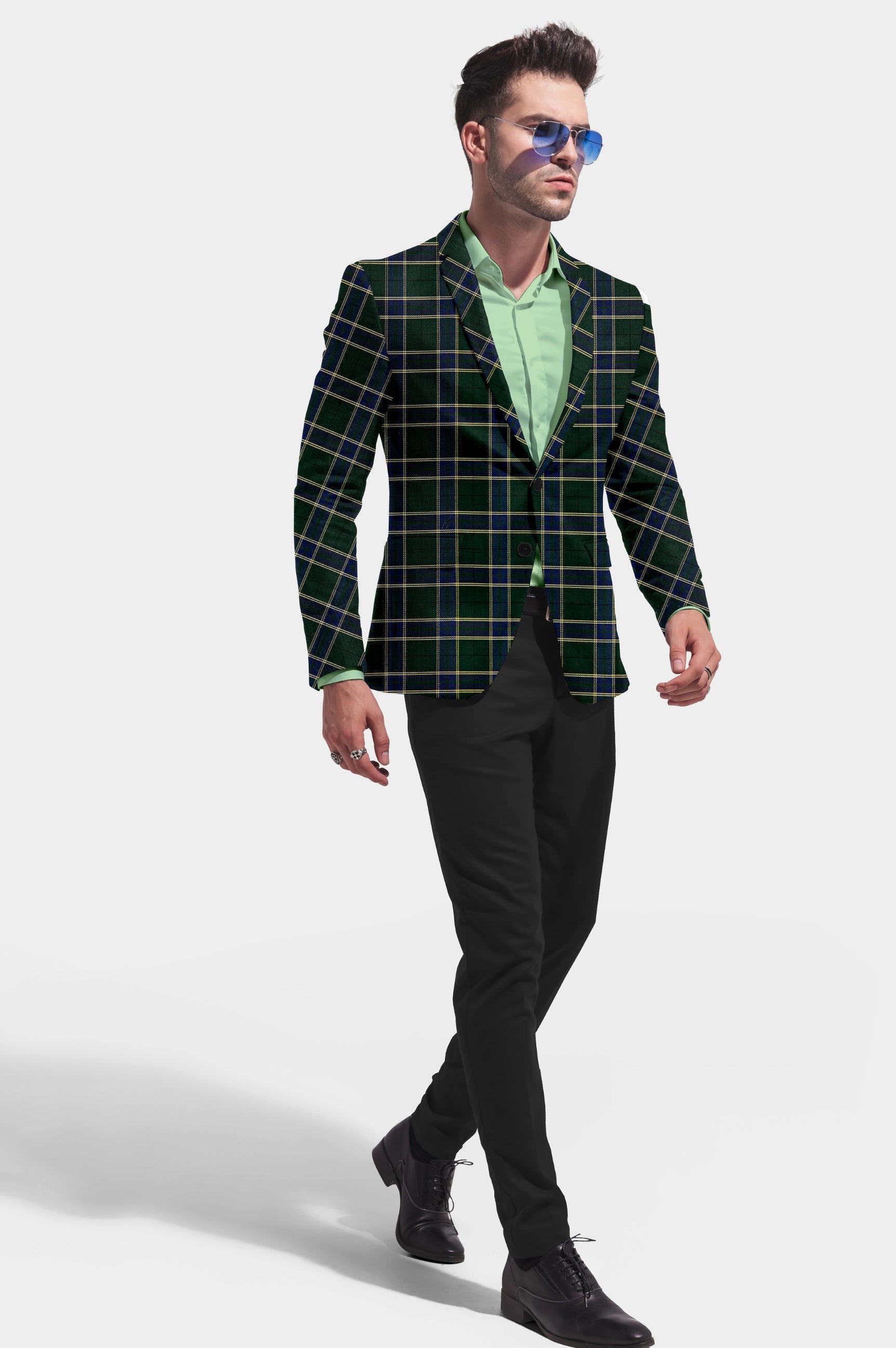 Dark Green Blue Men's Party Checkered Suit Jacket Slim Fit Blazer