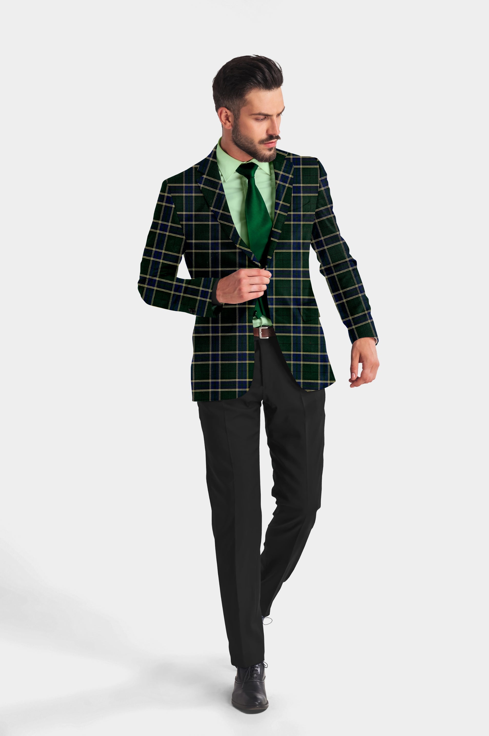 Dark Green Blue Men's Party Checkered Suit Jacket Slim Fit Blazer