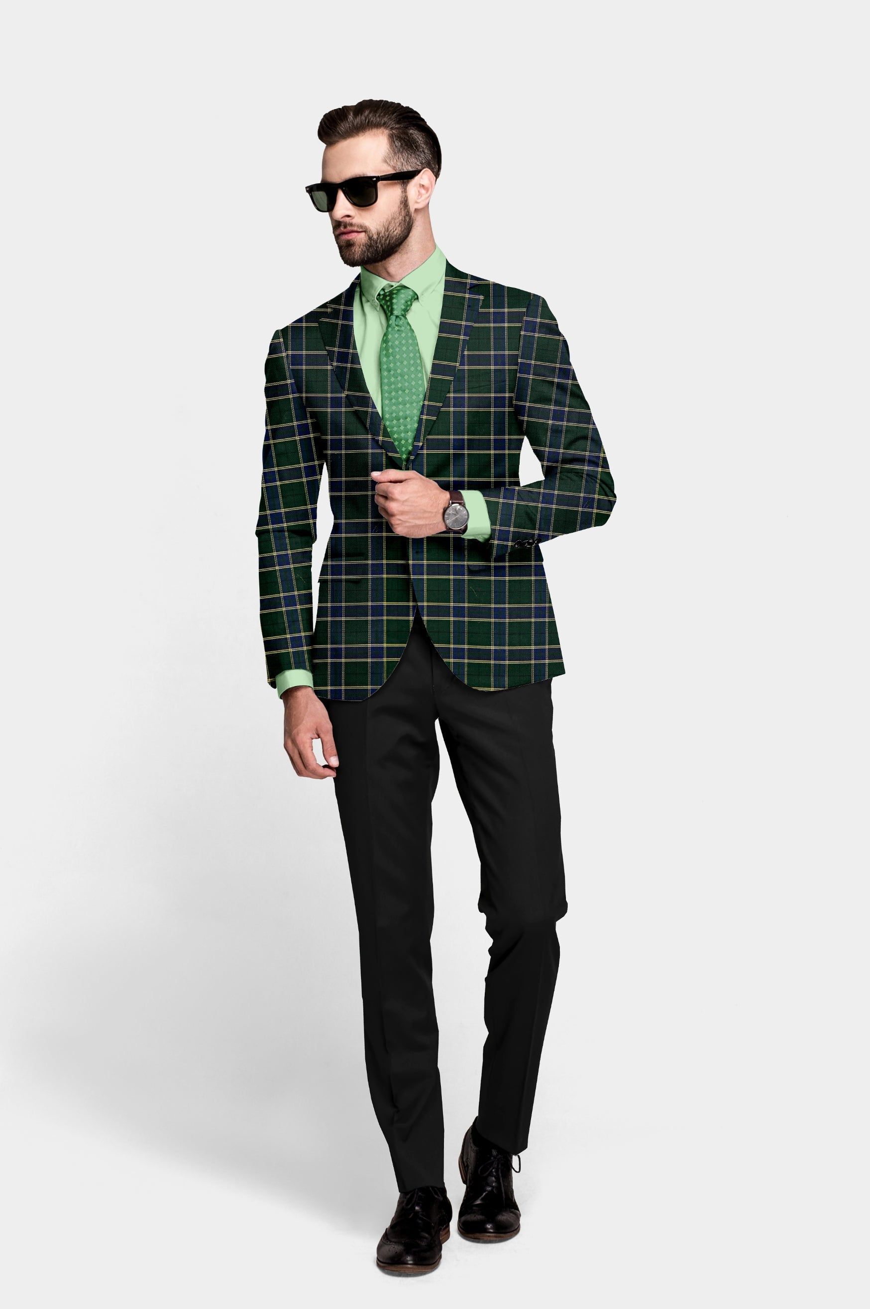 Dark Green Blue Men's Party Checkered Suit Jacket Slim Fit Blazer