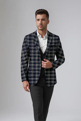 Dark Blue Grey Men's Party Checkered Suit Jacket Slim Fit Blazer