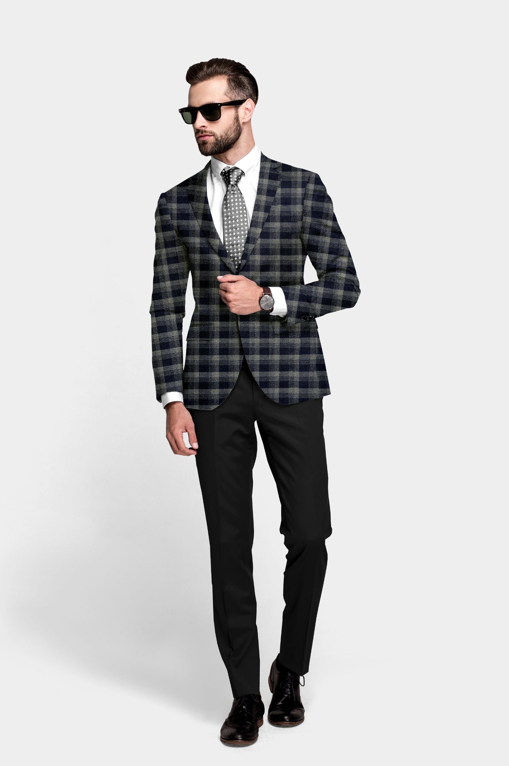 Dark Blue Grey Men's Party Checkered Suit Jacket Slim Fit Blazer