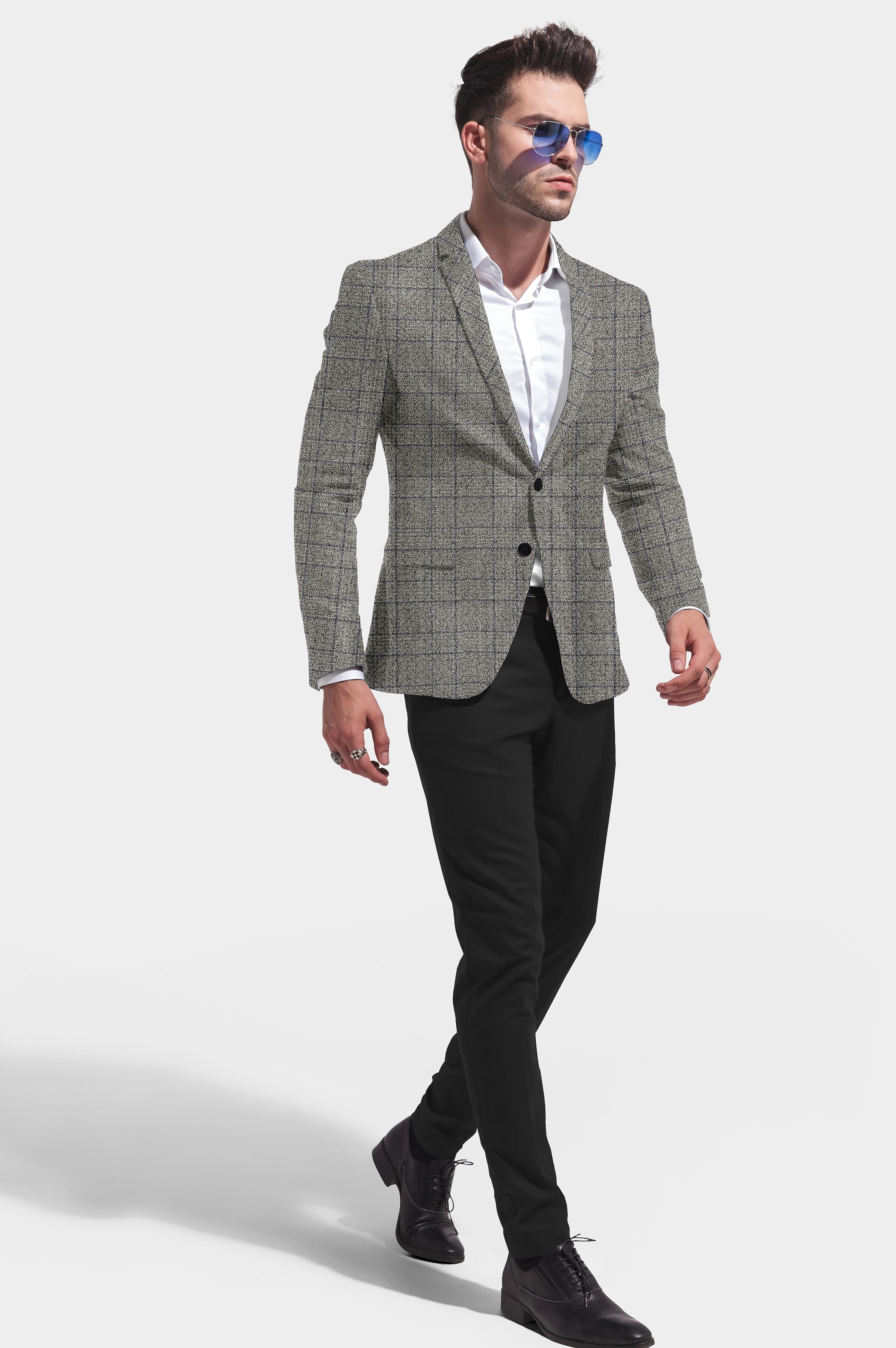 Pale Silver Men's Party Checkered Suit Jacket Slim Fit Blazer