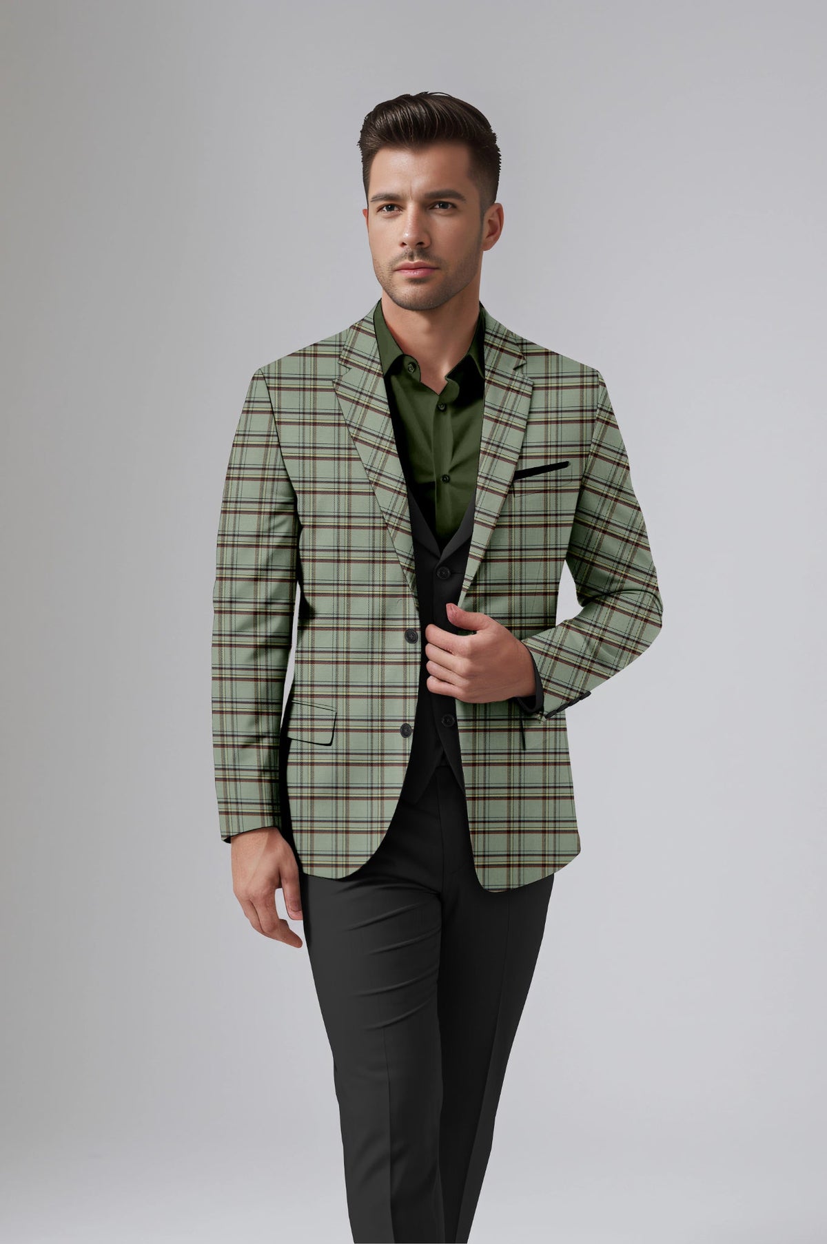 Greyish Green Men's Party Checkered Suit Jacket Slim Fit Blazer