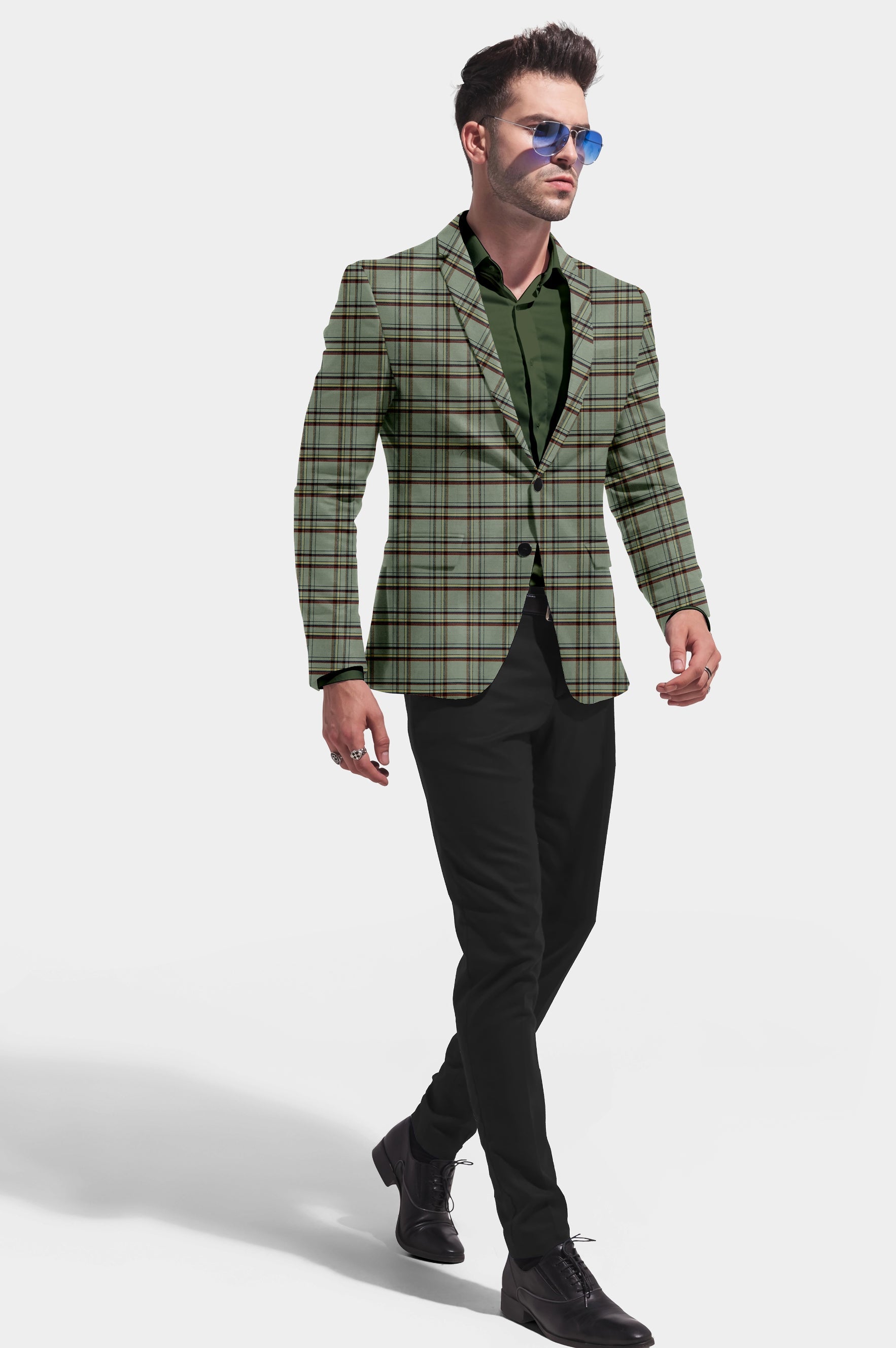 Greyish Green Men's Party Checkered Suit Jacket Slim Fit Blazer