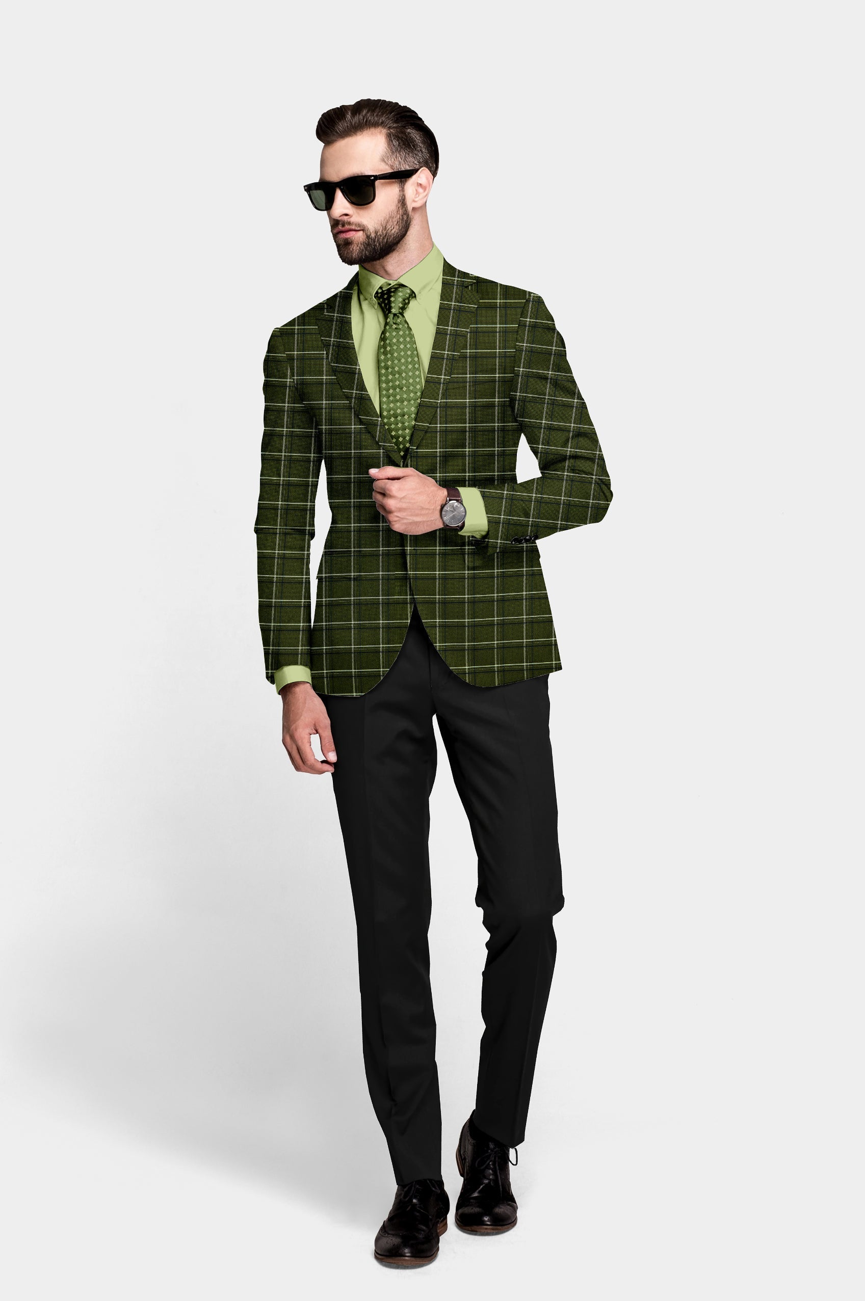 Dark Olive Men's Party Checkered Suit Jacket Slim Fit Blazer