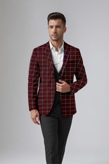 Maroon Oak Men's Party Checkered Suit Jacket Slim Fit Blazer