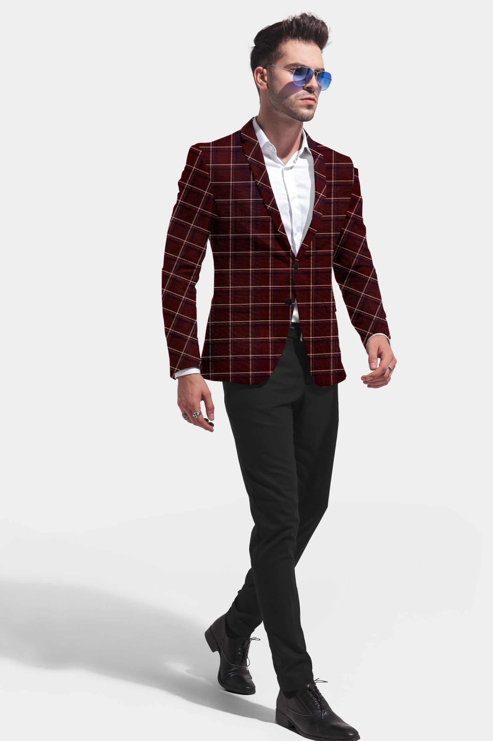 Maroon Oak Men's Party Checkered Suit Jacket Slim Fit Blazer