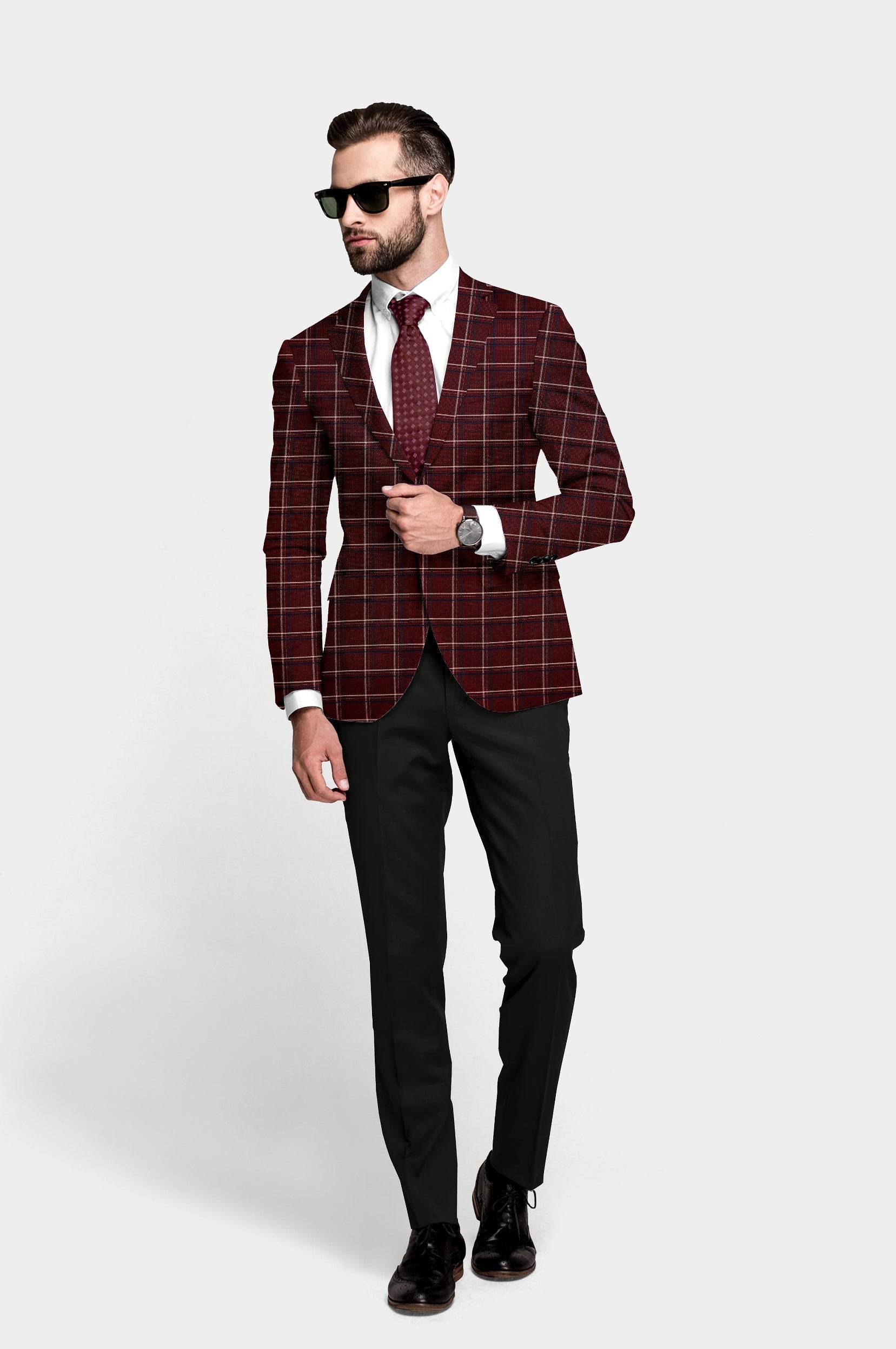 Maroon Oak Men's Party Checkered Suit Jacket Slim Fit Blazer