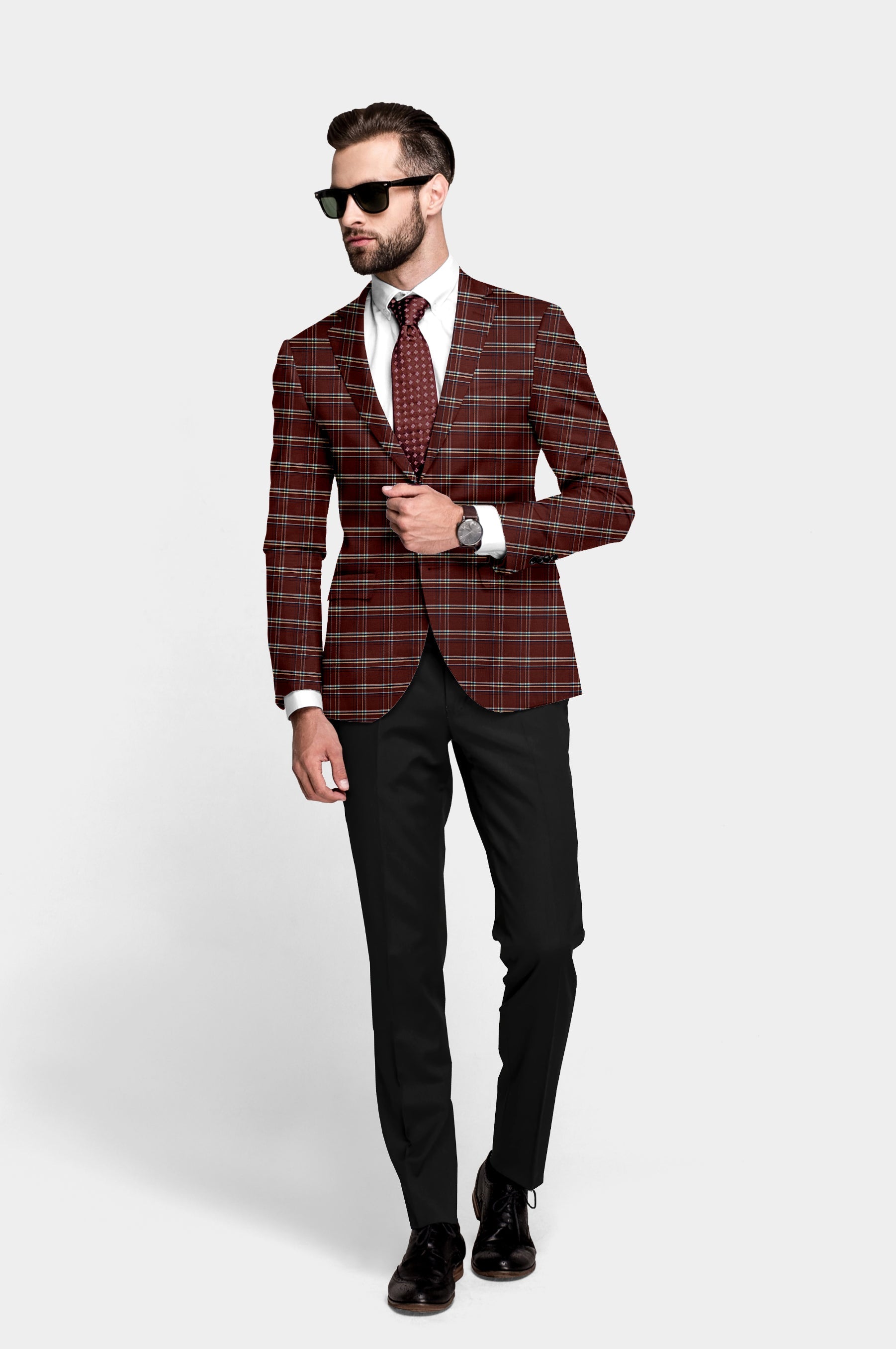 Wine Men's Party Checkered Suit Jacket Slim Fit Blazer