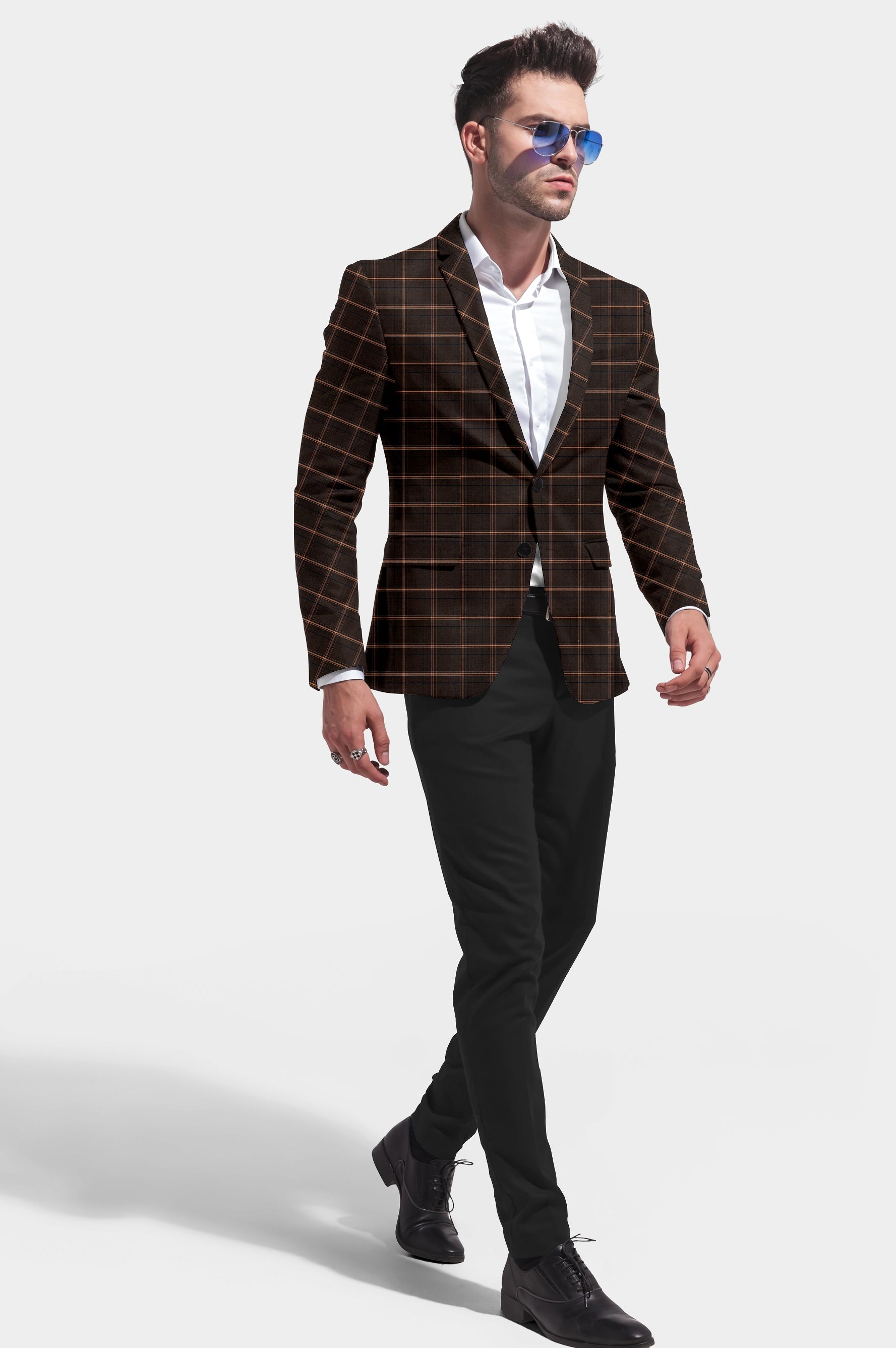 Woody Brown Men's Party Checkered Suit Jacket Slim Fit Blazer