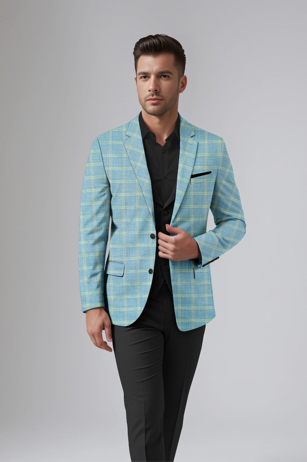 Dark Pastel Blue Men's Party Checkered Suit Jacket Slim Fit Blazer