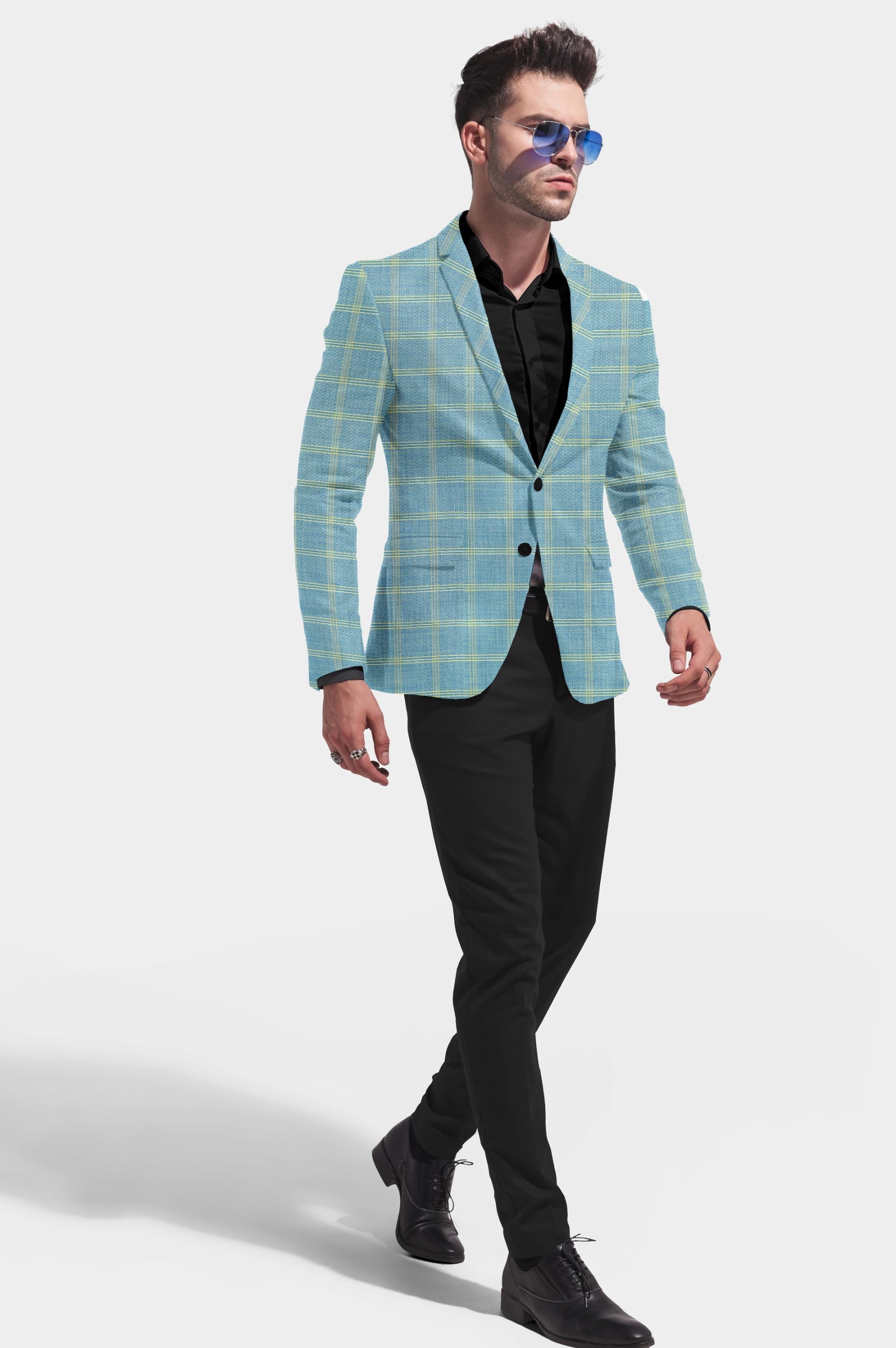 Dark Pastel Blue Men's Party Checkered Suit Jacket Slim Fit Blazer