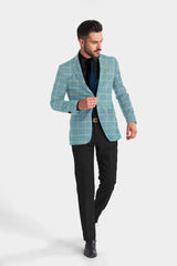 Dark Pastel Blue Men's Party Checkered Suit Jacket Slim Fit Blazer