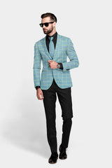 Dark Pastel Blue Men's Party Checkered Suit Jacket Slim Fit Blazer