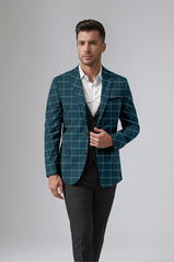 Peacock Blue Men's Party Checkered Suit Jacket Slim Fit Blazer