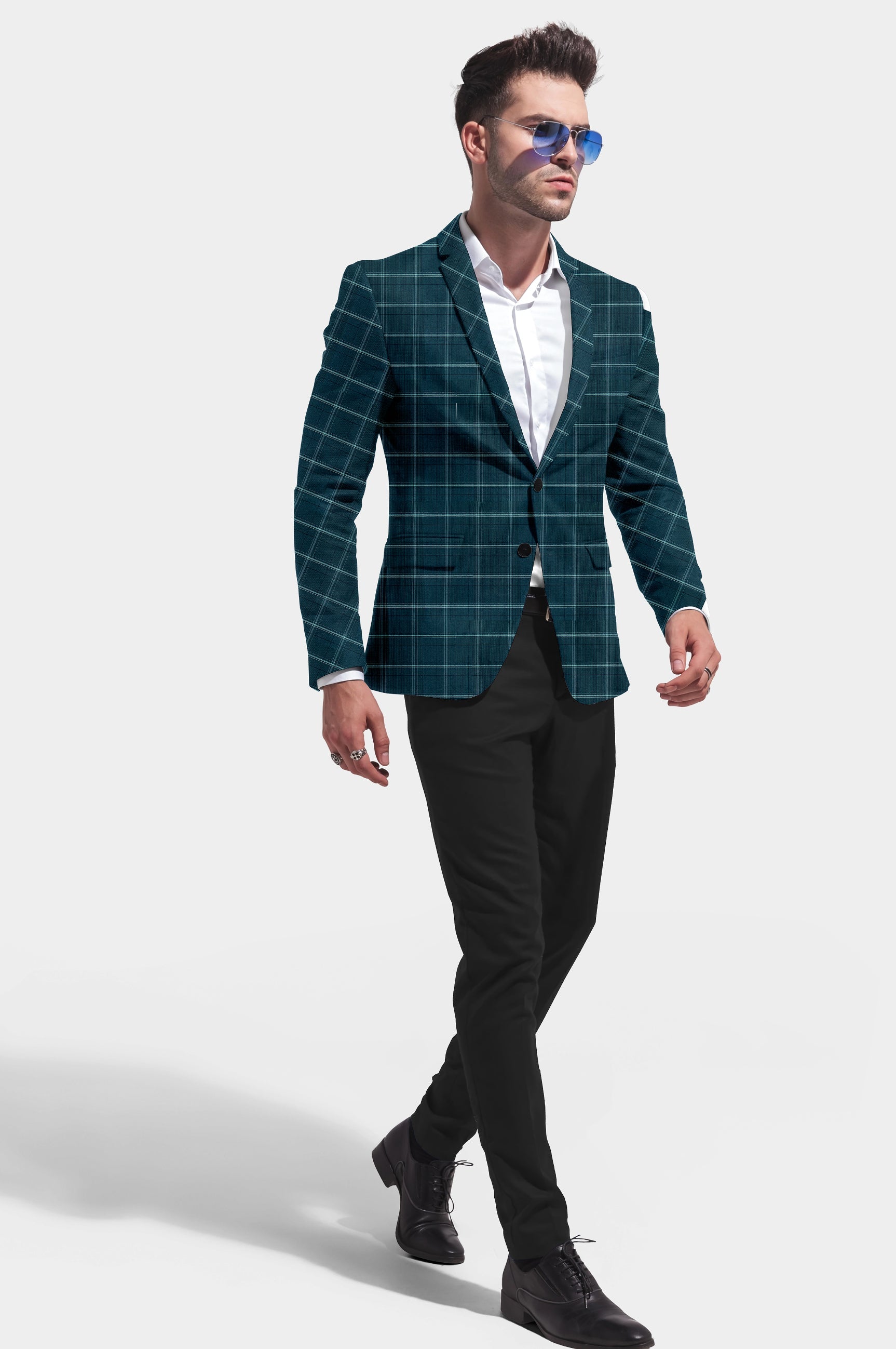 Peacock Blue Men's Party Checkered Suit Jacket Slim Fit Blazer