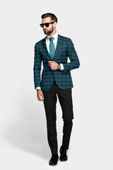 Peacock Blue Men's Party Checkered Suit Jacket Slim Fit Blazer