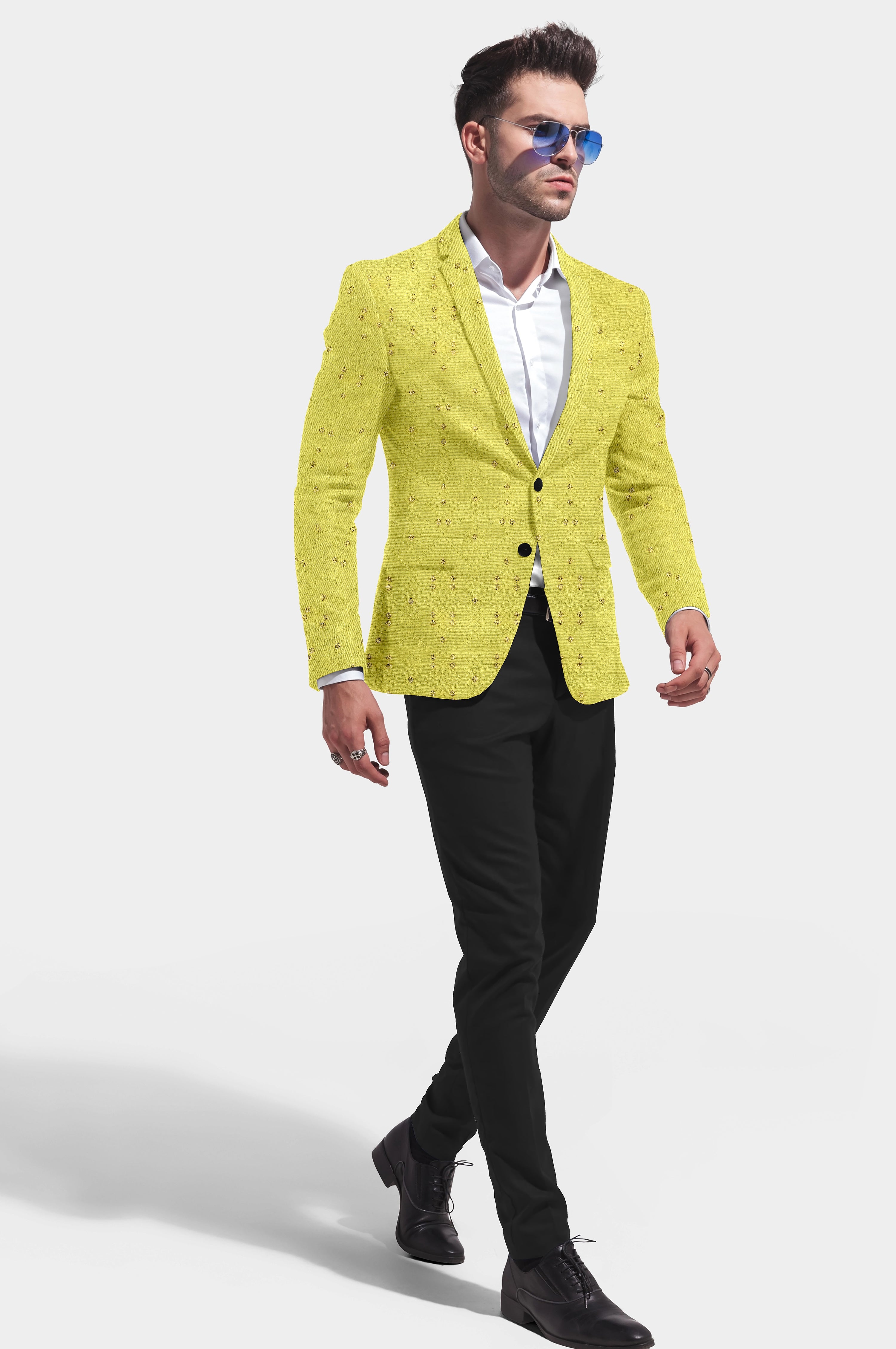 Dull Yellow Men's Party Jacquard Suit Jacket Slim Fit Blazer