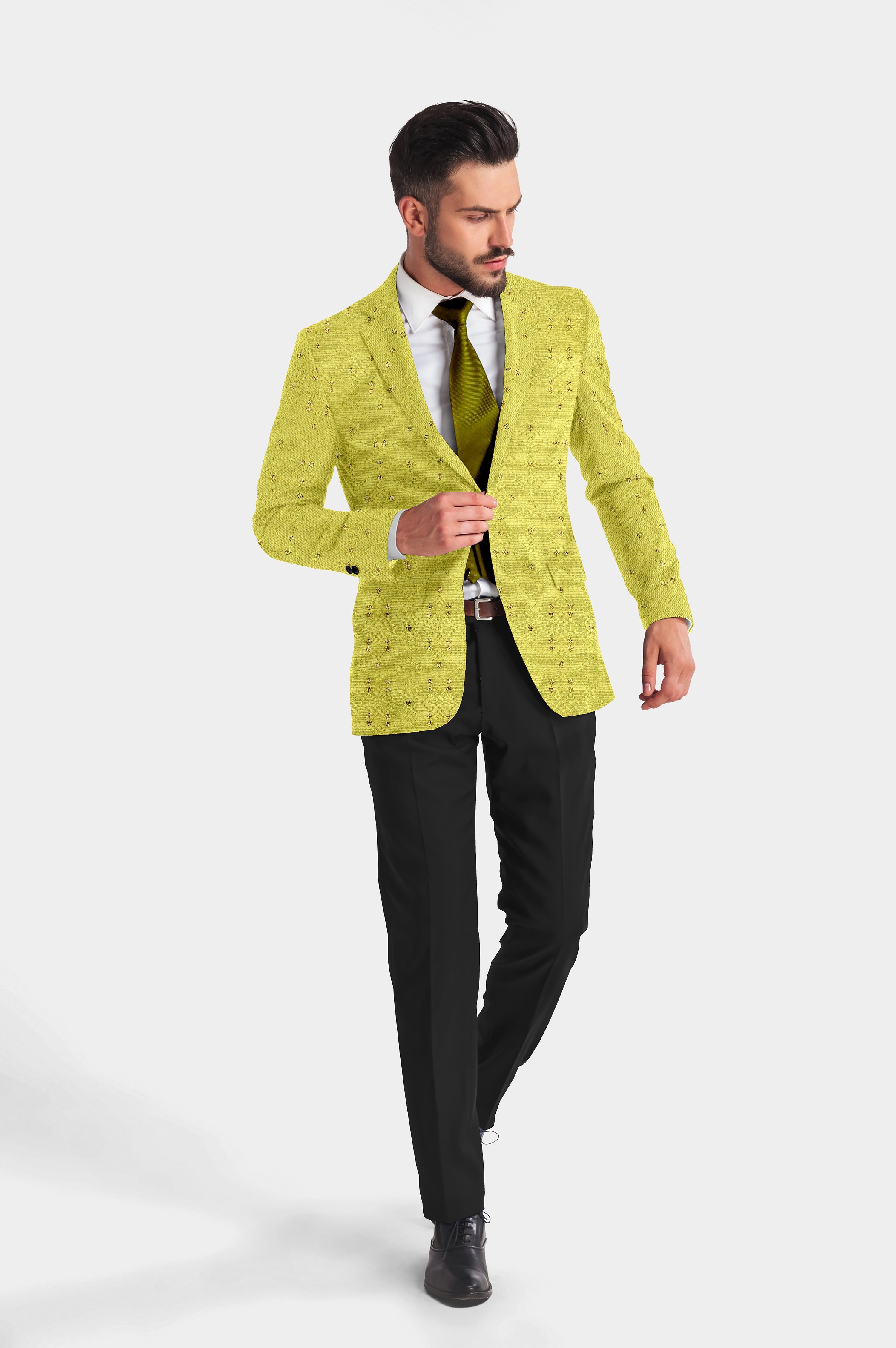 Dull Yellow Men's Party Jacquard Suit Jacket Slim Fit Blazer