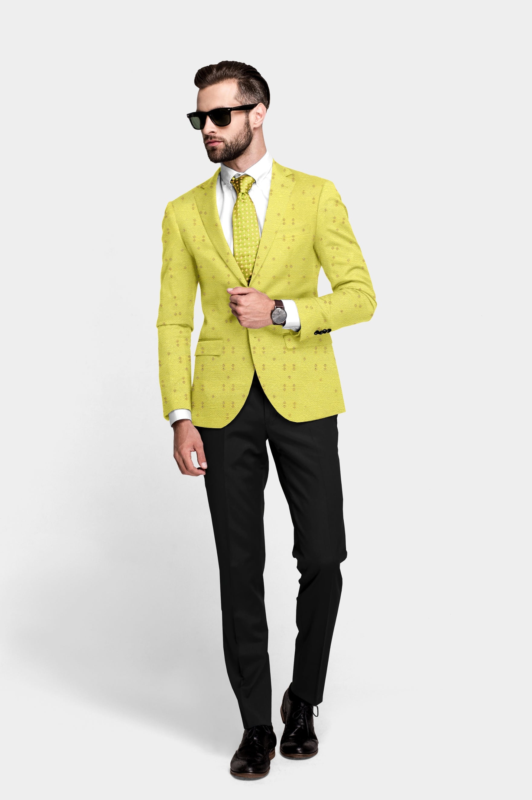 Dull Yellow Men's Party Jacquard Suit Jacket Slim Fit Blazer