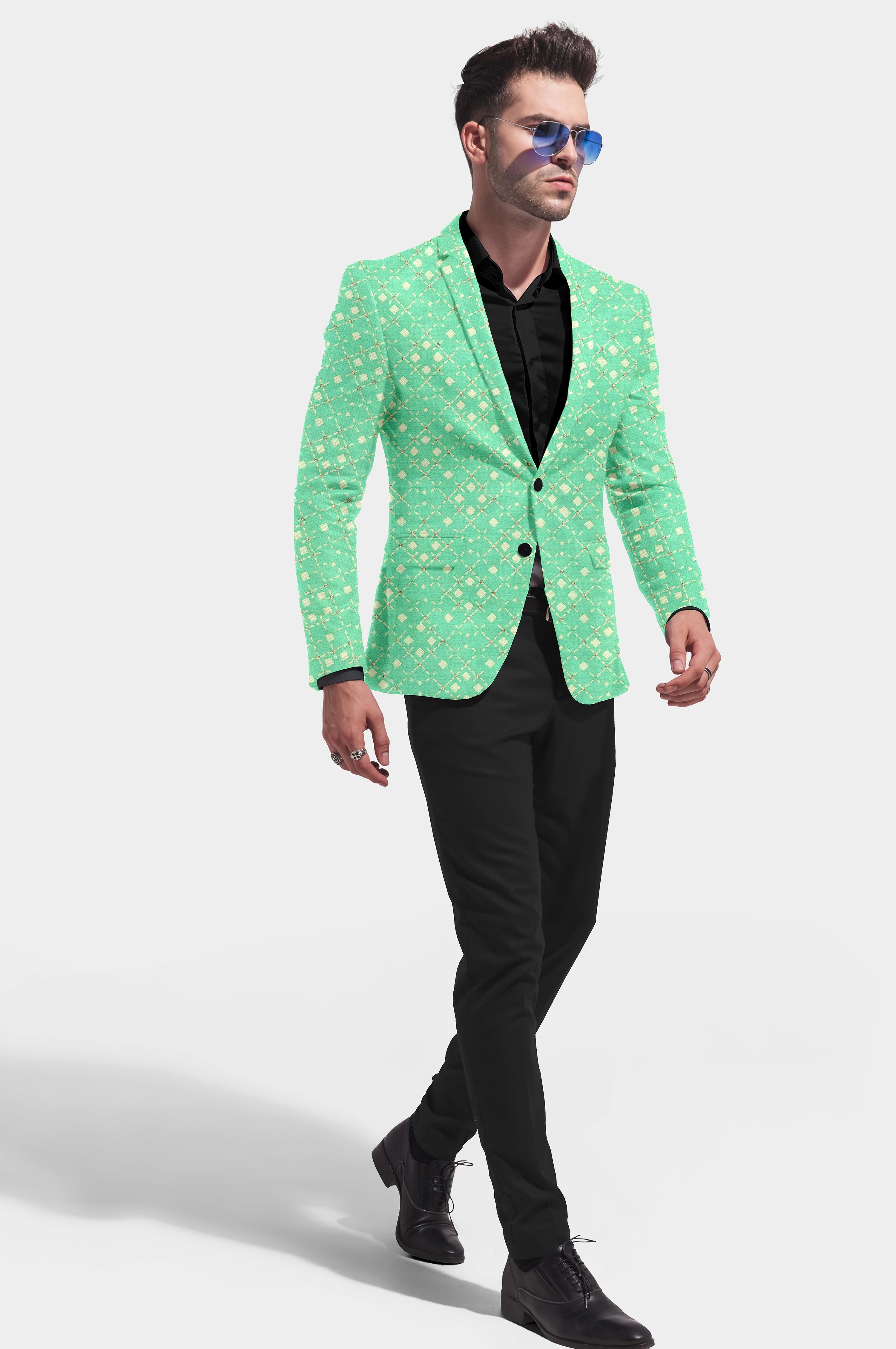 Light Teal Men's Party Jacquard Suit Jacket Slim Fit Blazer