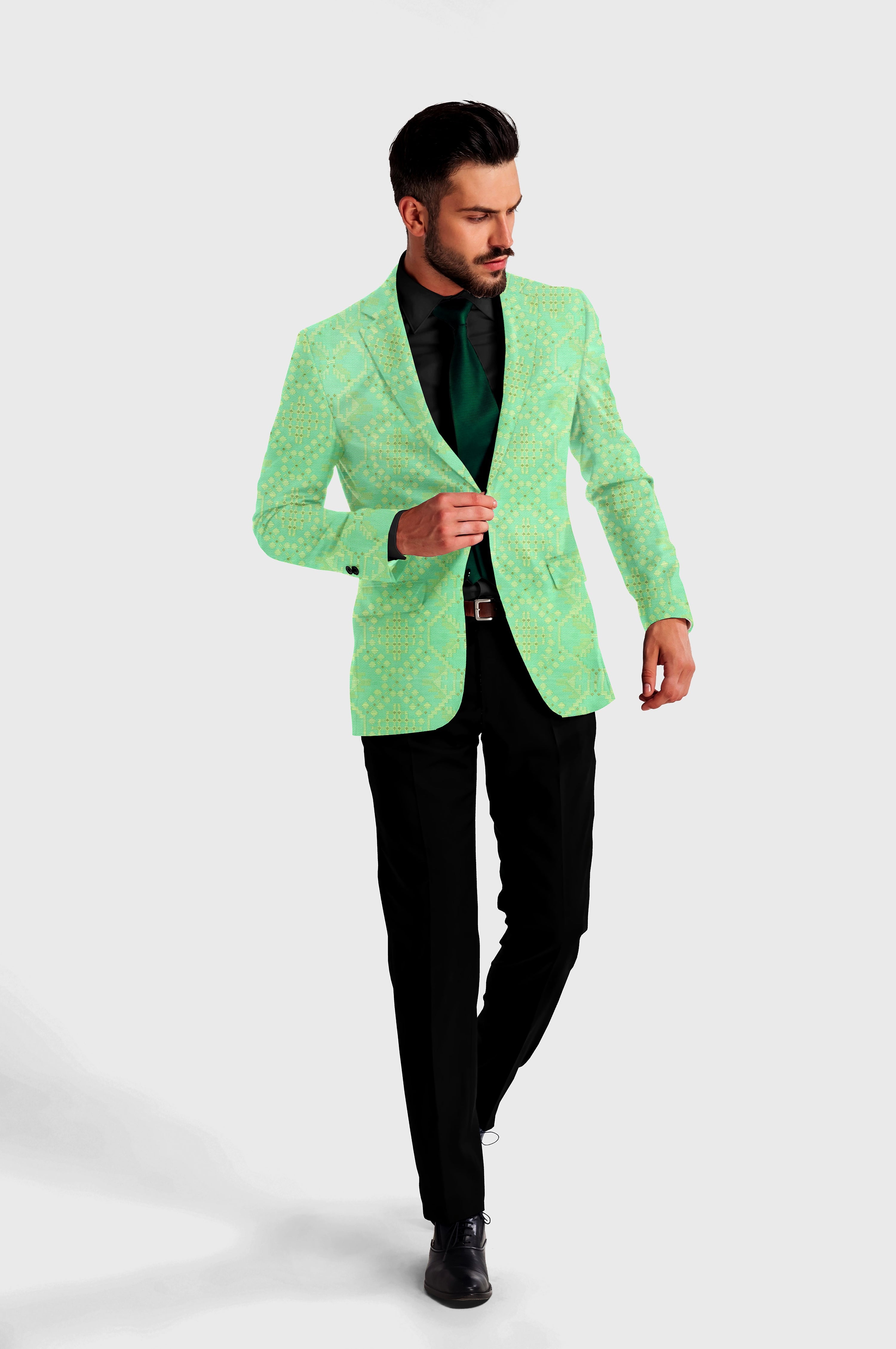 Teal Green Men's Party Jacquard Suit Jacket Slim Fit Blazer