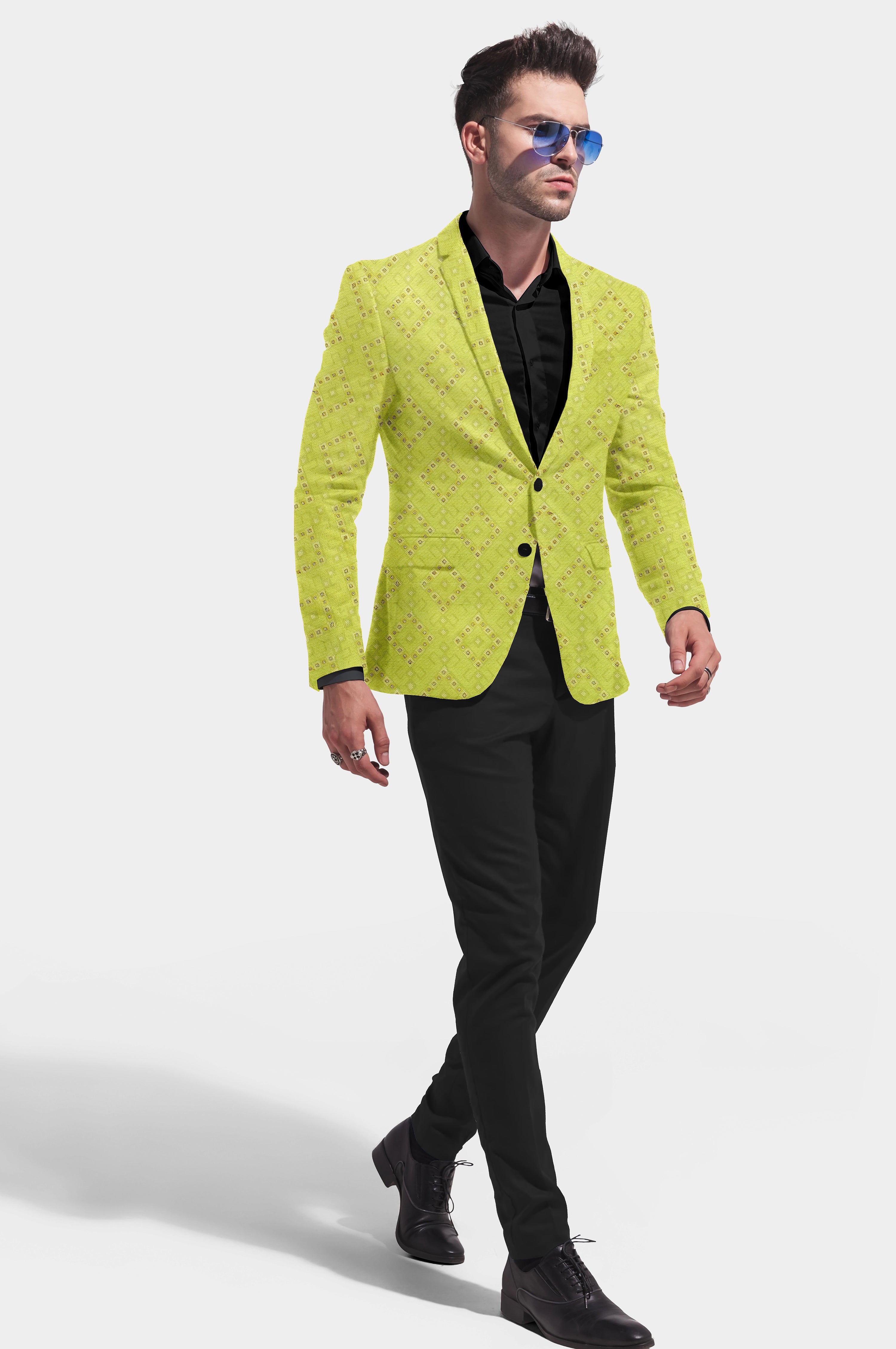 Avocado Green Men's Party Jacquard Suit Jacket Slim Fit Blazer