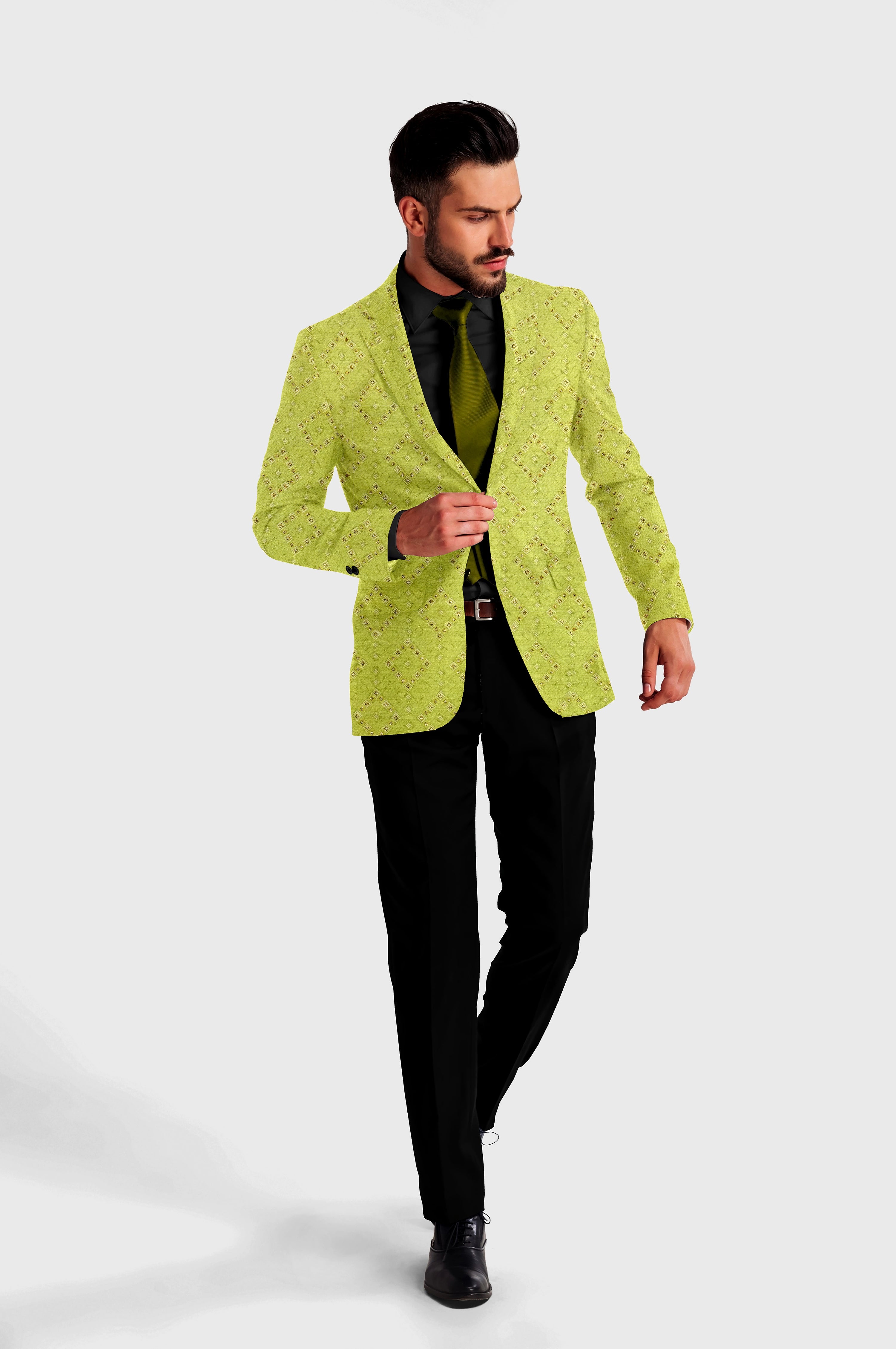 Avocado Green Men's Party Jacquard Suit Jacket Slim Fit Blazer