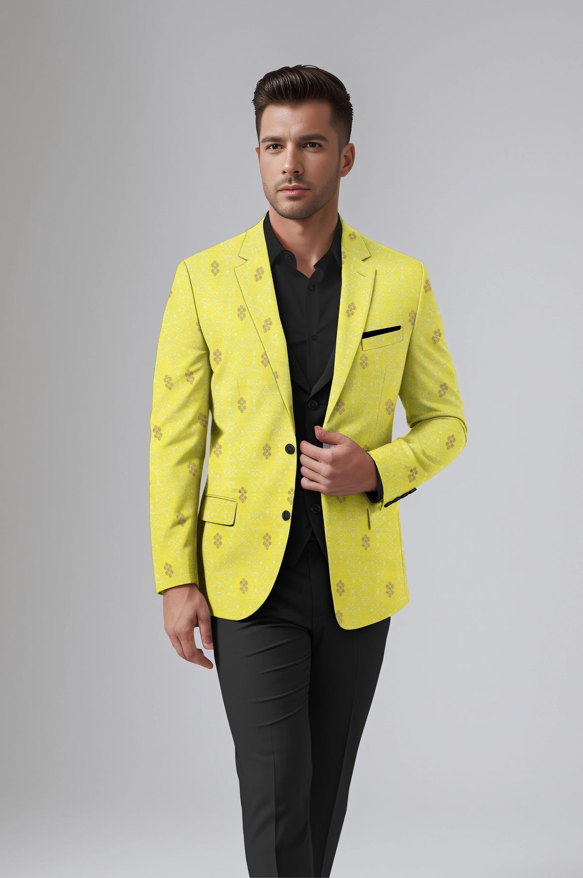 Dull Yellow Men's Party Jacquard Suit Jacket Slim Fit Blazer