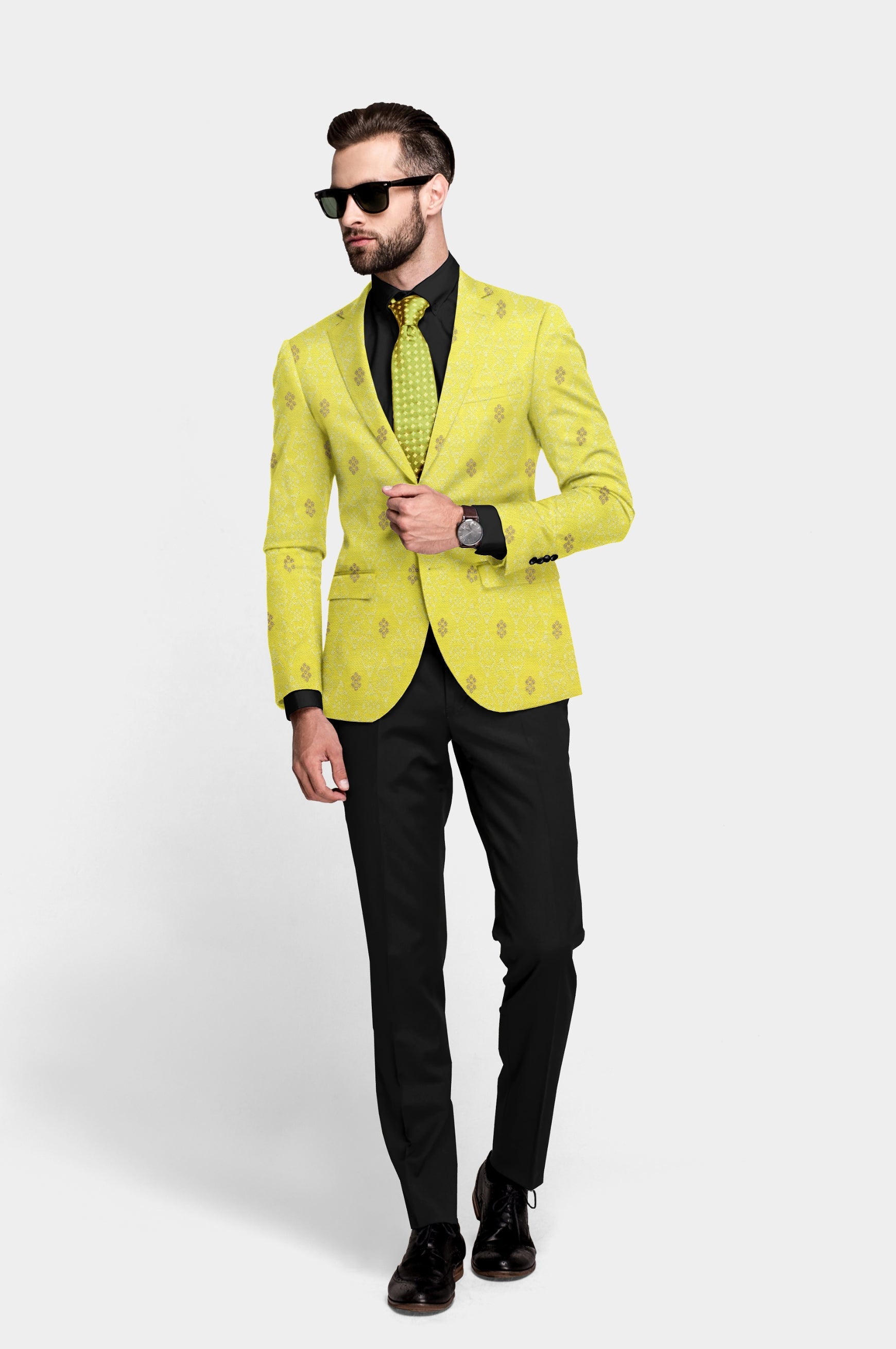 Dull Yellow Men's Party Jacquard Suit Jacket Slim Fit Blazer