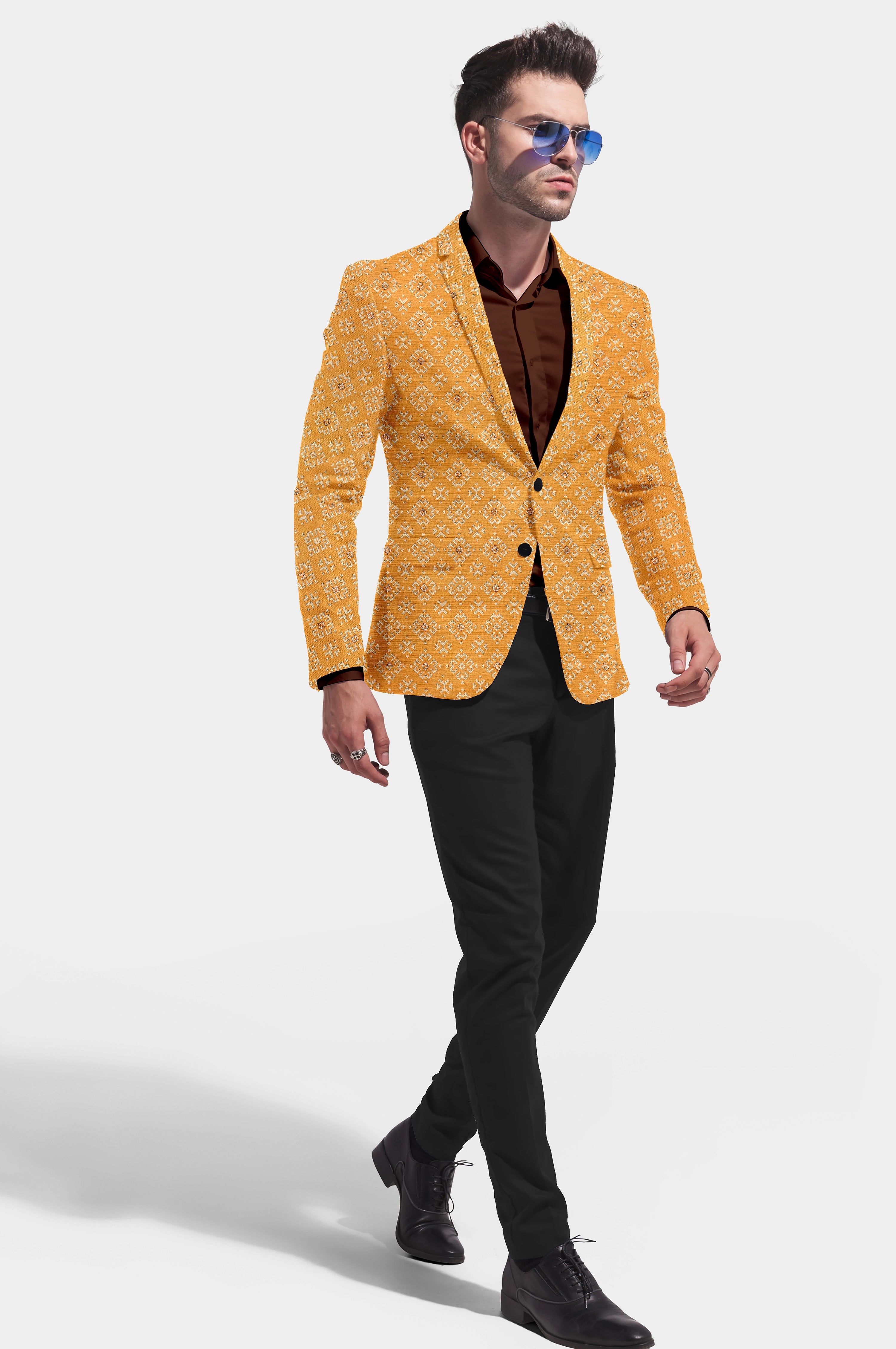 Pastel Orange Men's Party Jacquard Suit Jacket Slim Fit Blazer