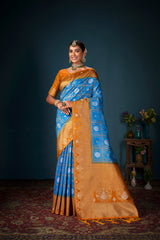 Sari tissé en soie d'art Banarasi bleu