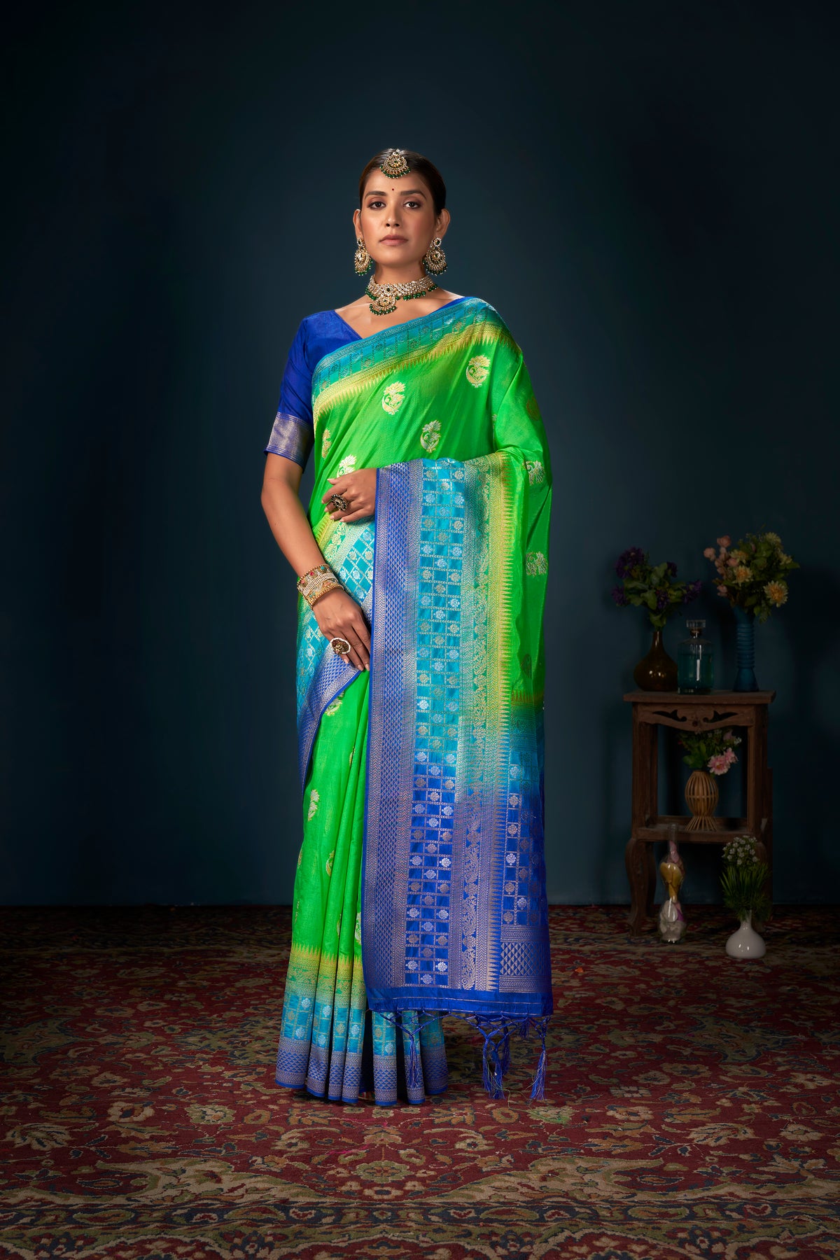 Sari tissé en soie d'art Banarasi vert