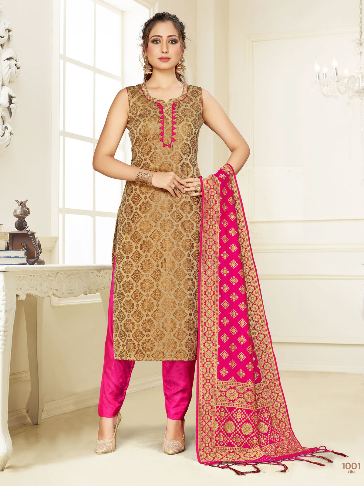 Gold Cotton Silk Woven Salwar Suit