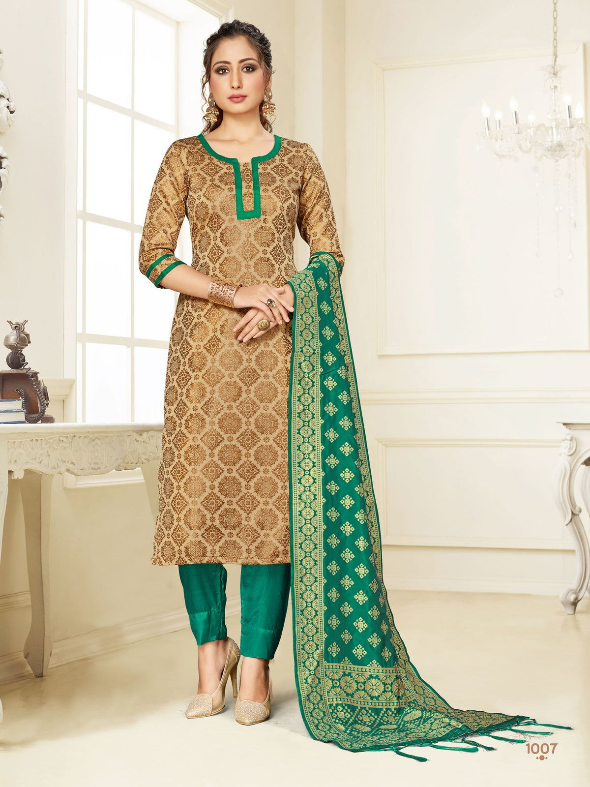 Gold Cotton Silk Woven Salwar Suit