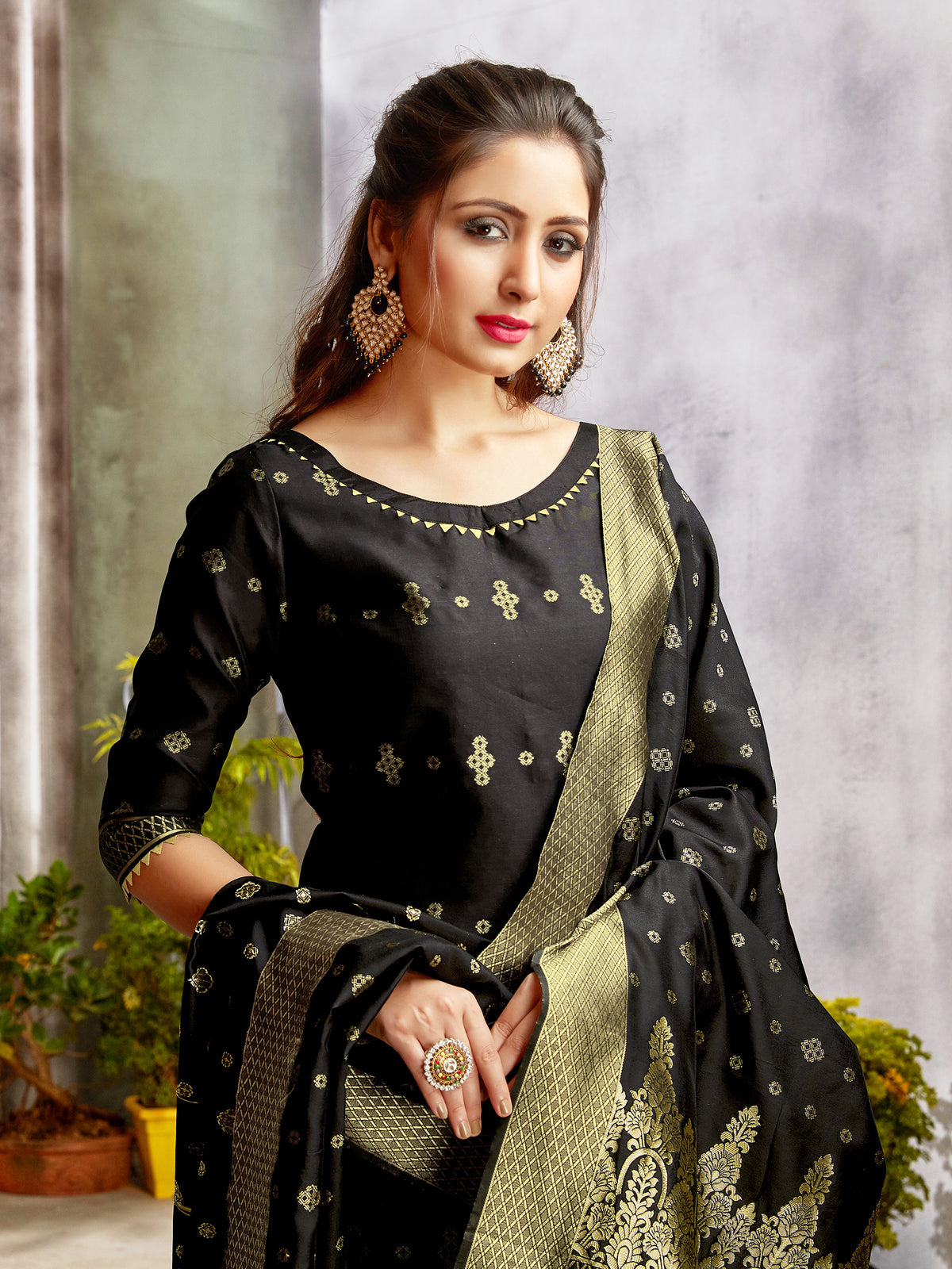 Black Banarasi Art Silk Woven Salwar Suit