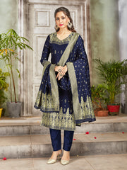 Navy Blue Banarasi Art Silk Woven Salwar Suit