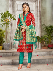 Costume Salwar tissé en soie d'art Banarasi rouge 