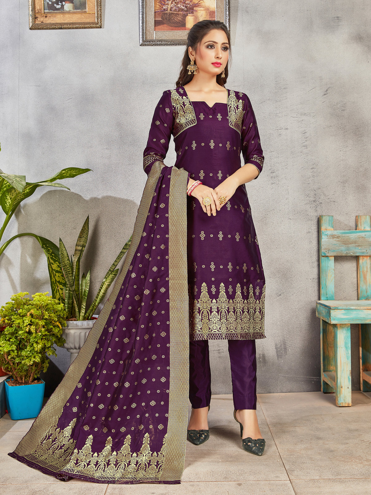 Purple Banarasi Art Silk Woven Salwar Suit