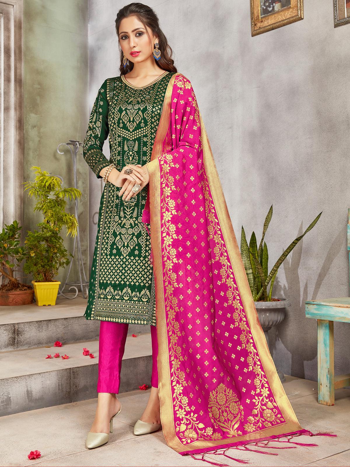 Green Banarasi Art Silk Woven Salwar Suit